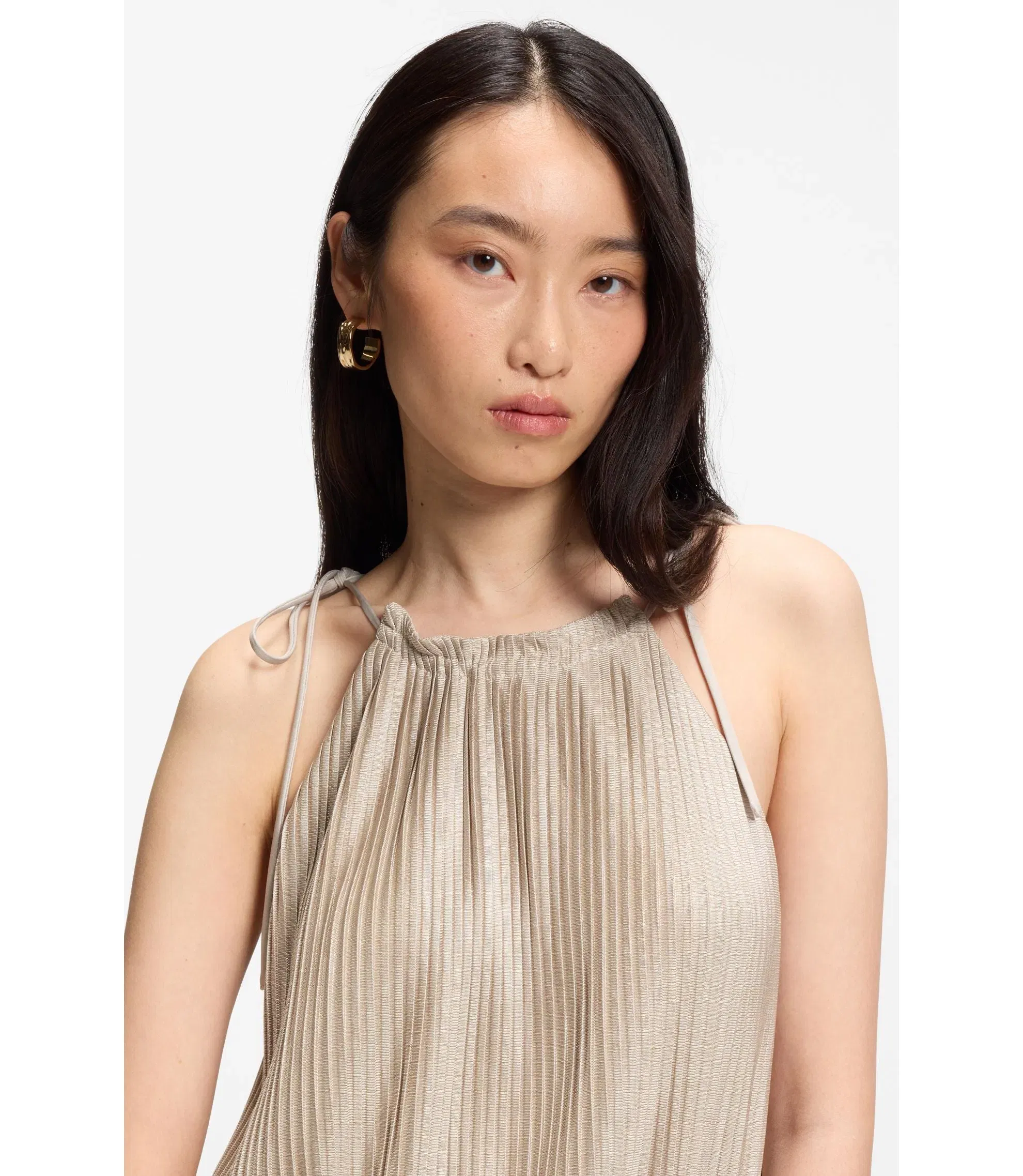 Boss Pliss Pleat Jumpsuit With Halterneck Light Beige Women's