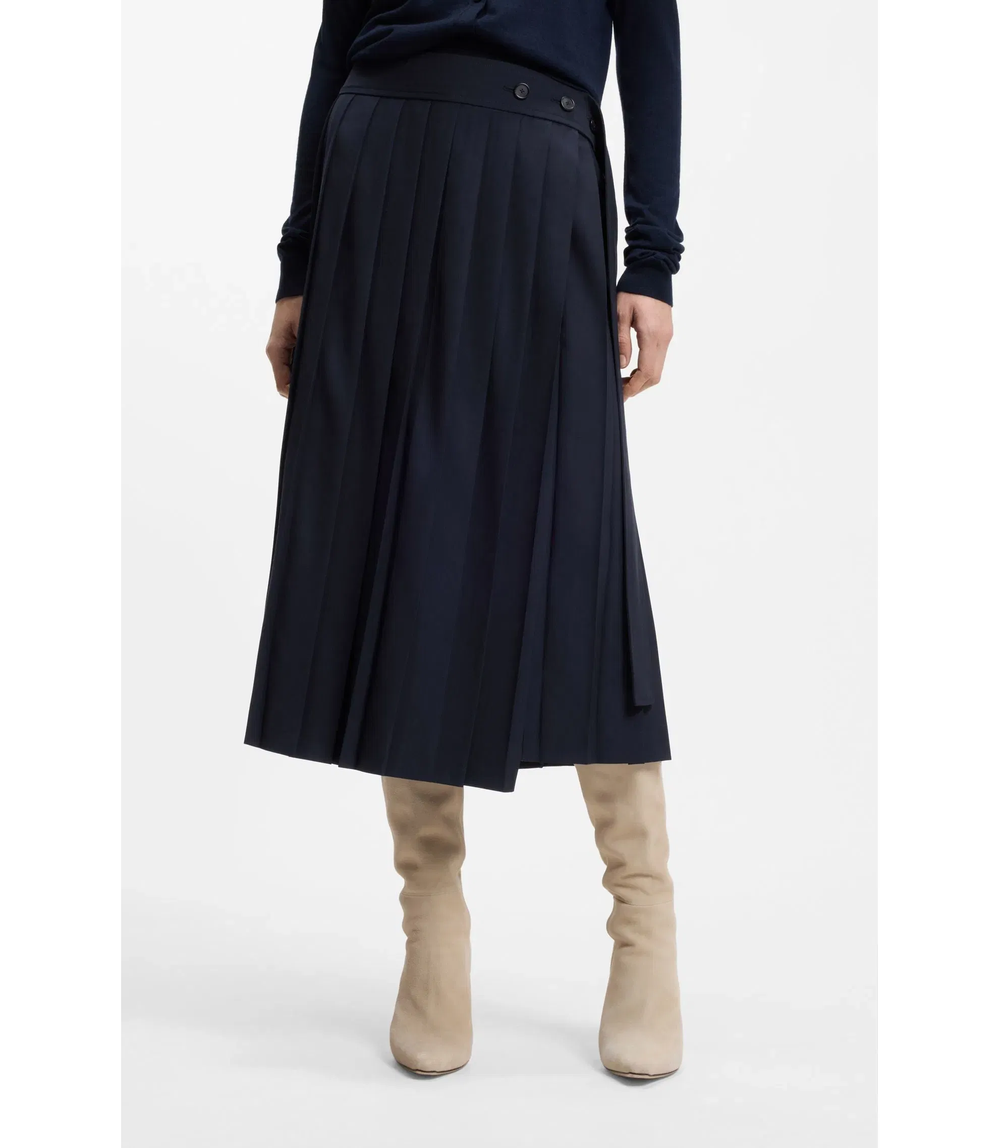 Boss Pleated Skirt In A Wool Blend Dark Blue Women's