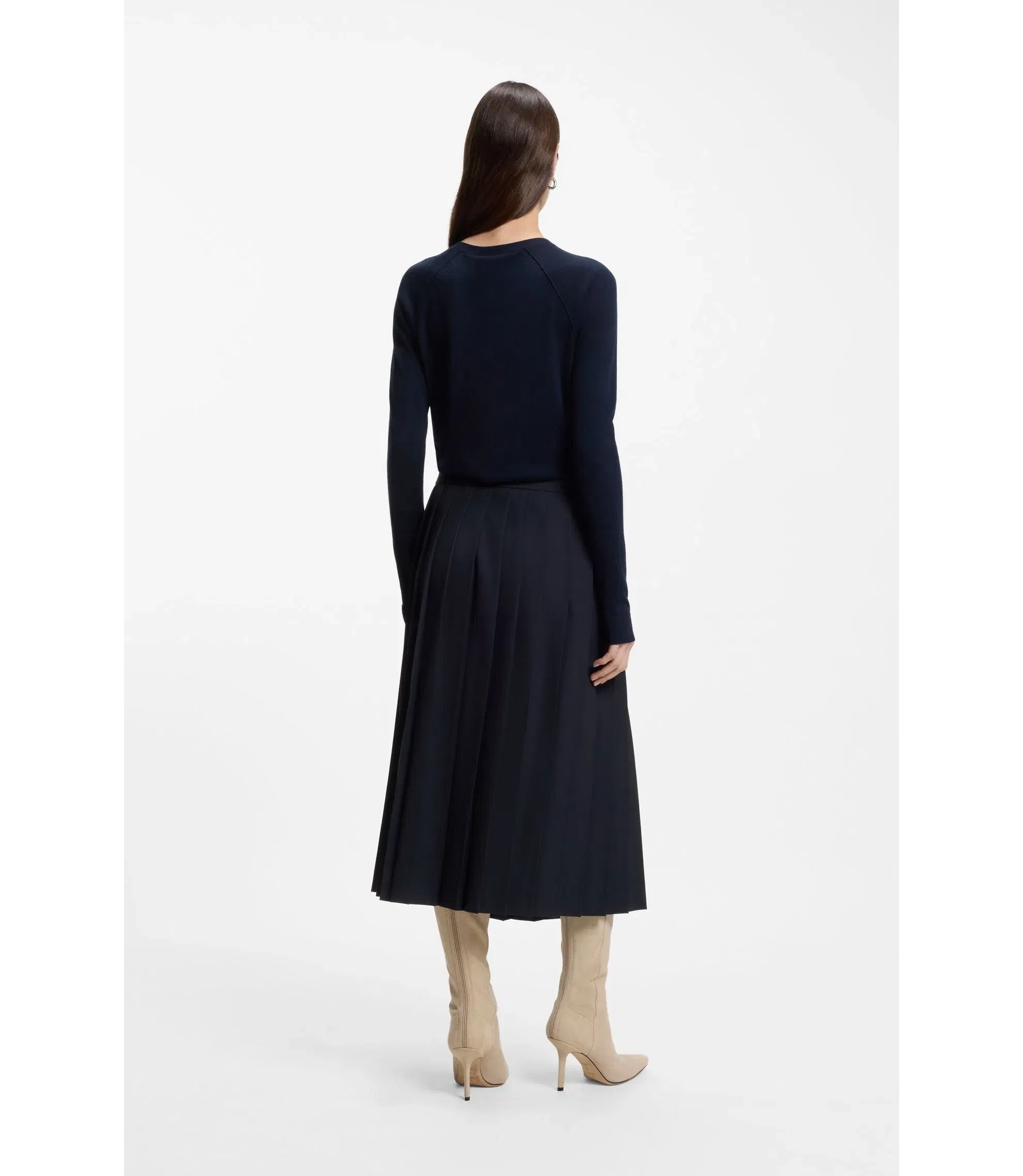 Boss Pleated Skirt In A Wool Blend Dark Blue Women's