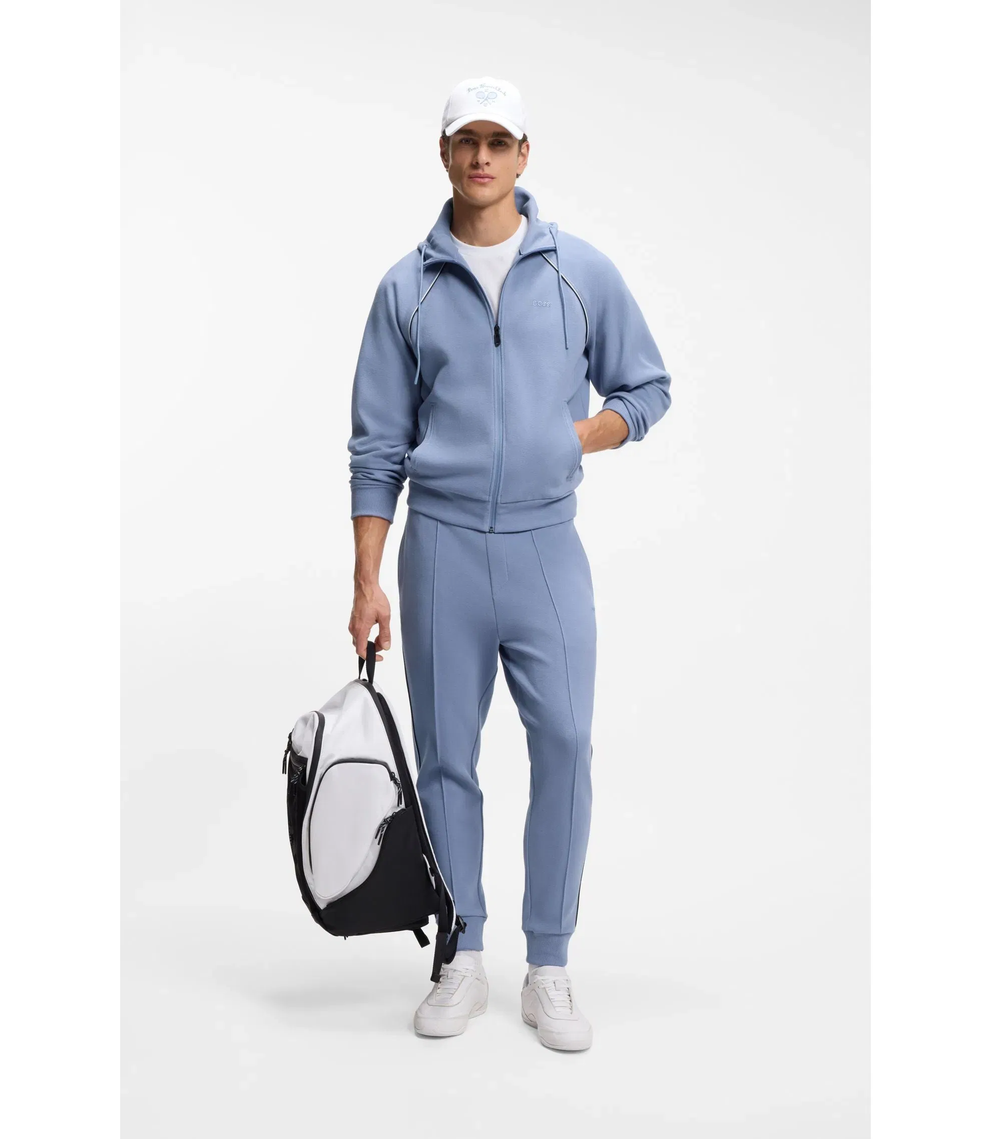 Boss Piping Detail Zip Up Hoodie In A Cotton Blend Light Blue