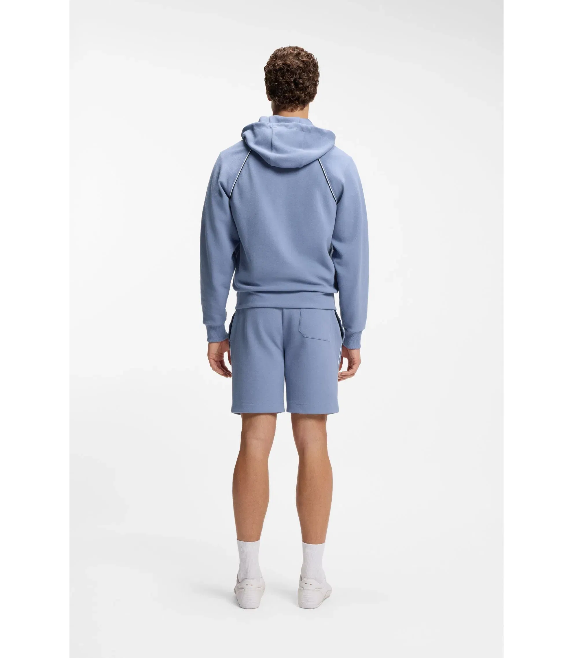 Boss Piping Detail Zip Up Hoodie In A Cotton Blend Light Blue