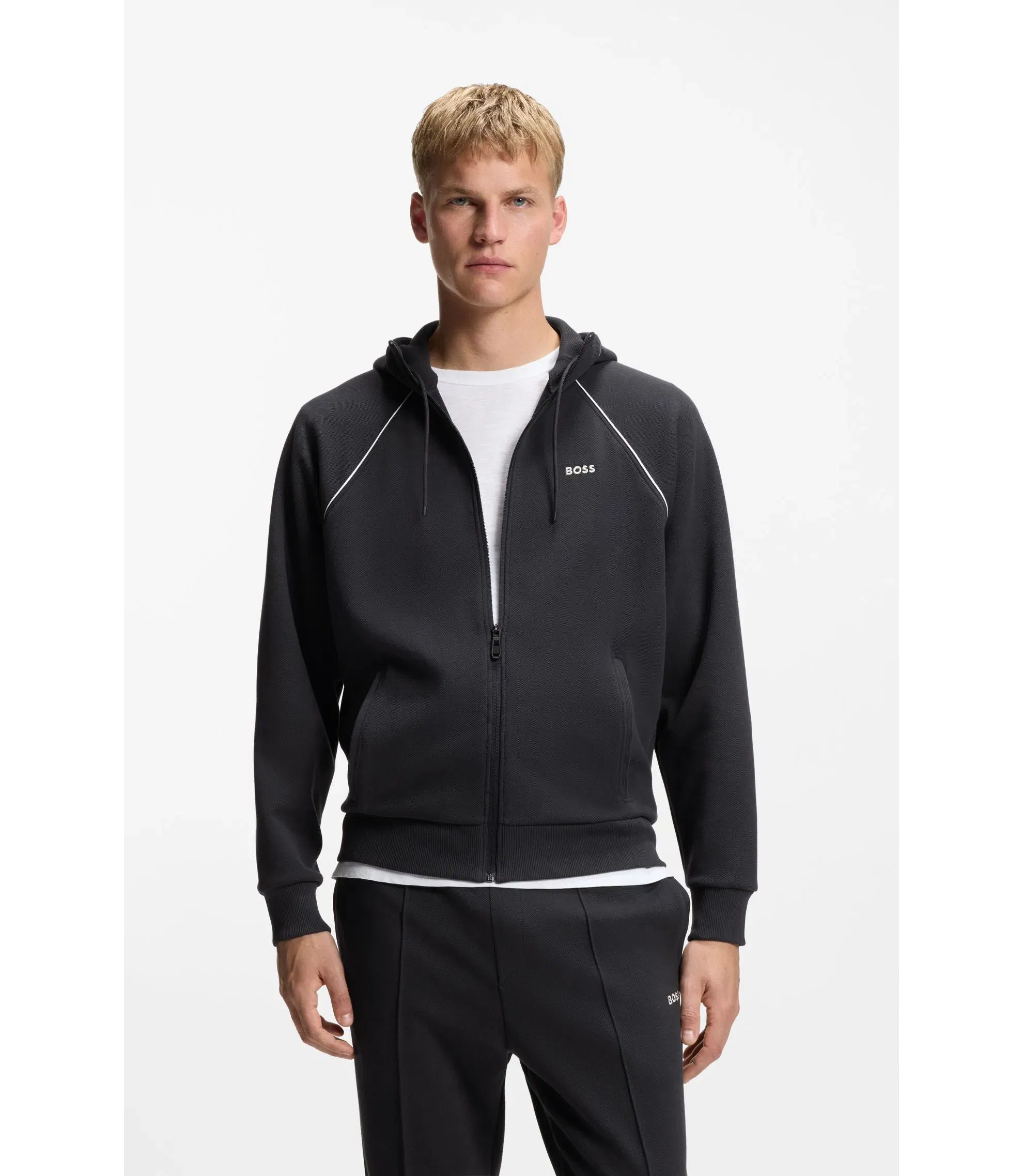 Boss Piping Detail Zip Up Hoodie In A Cotton Blend Dark Blue