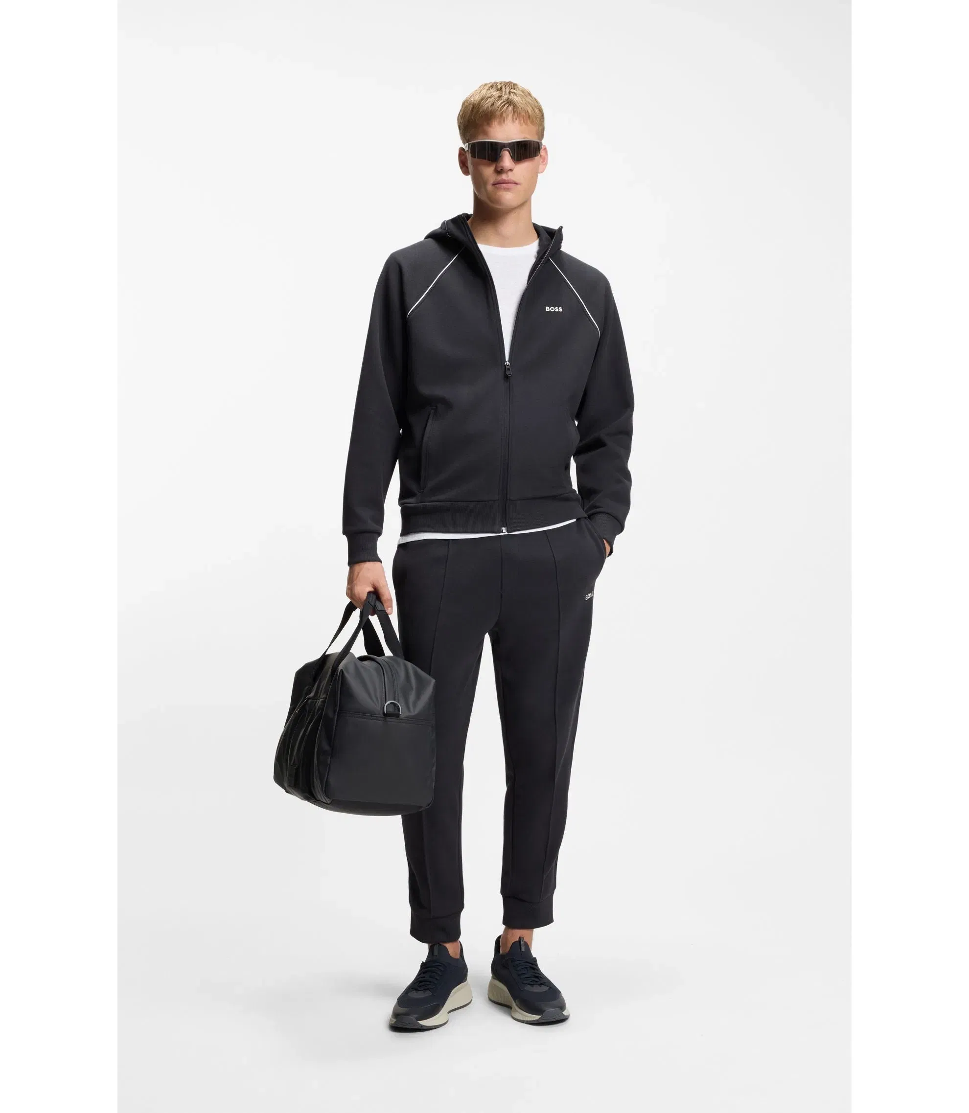 Boss Piping Detail Zip Up Hoodie In A Cotton Blend Dark Blue