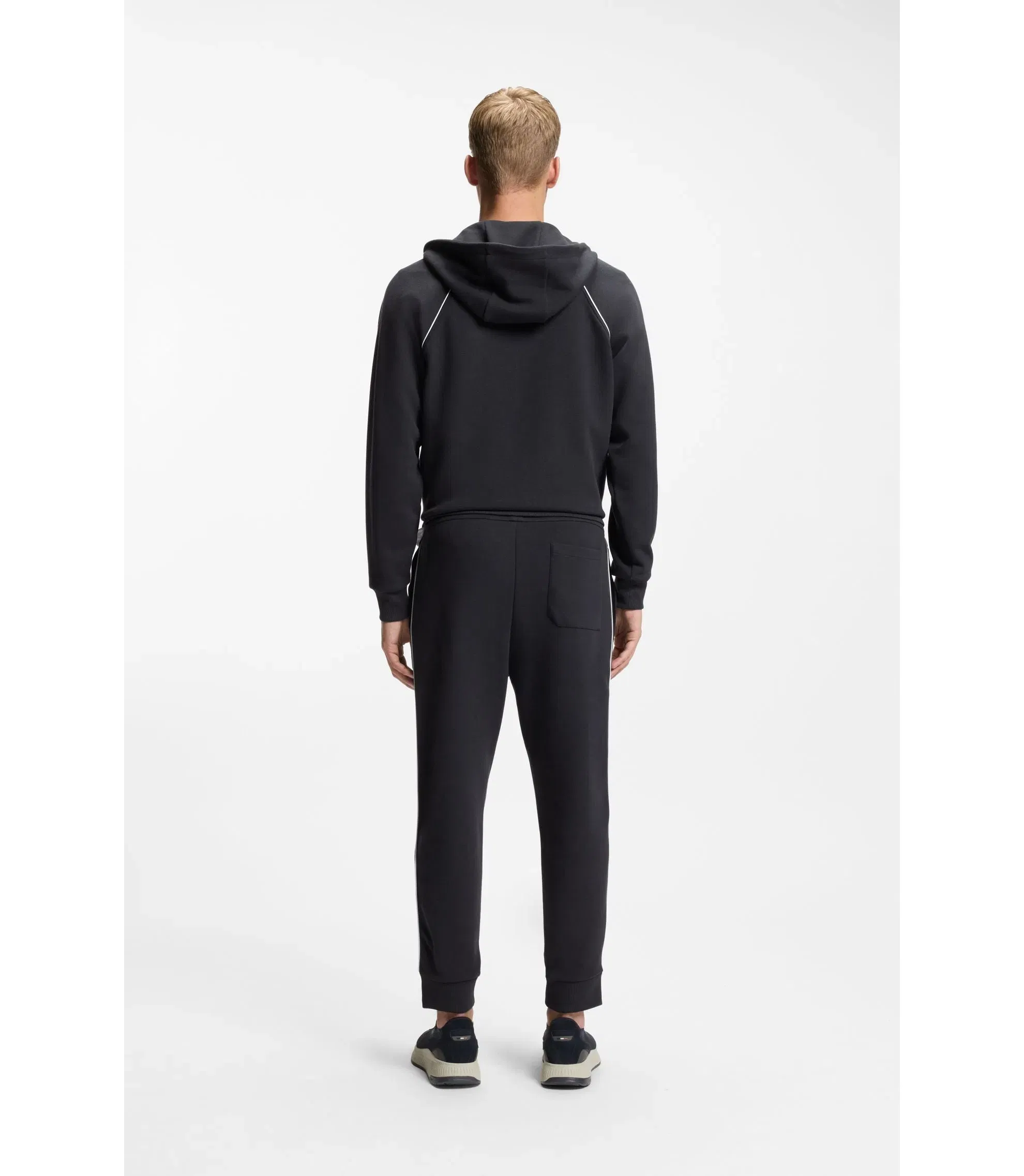 Boss Piping Detail Zip Up Hoodie In A Cotton Blend Dark Blue