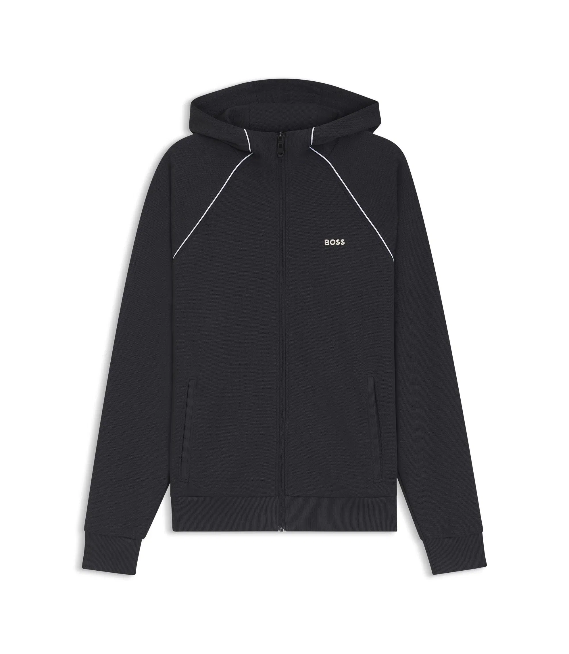 Boss Piping Detail Zip Up Hoodie In A Cotton Blend Dark Blue