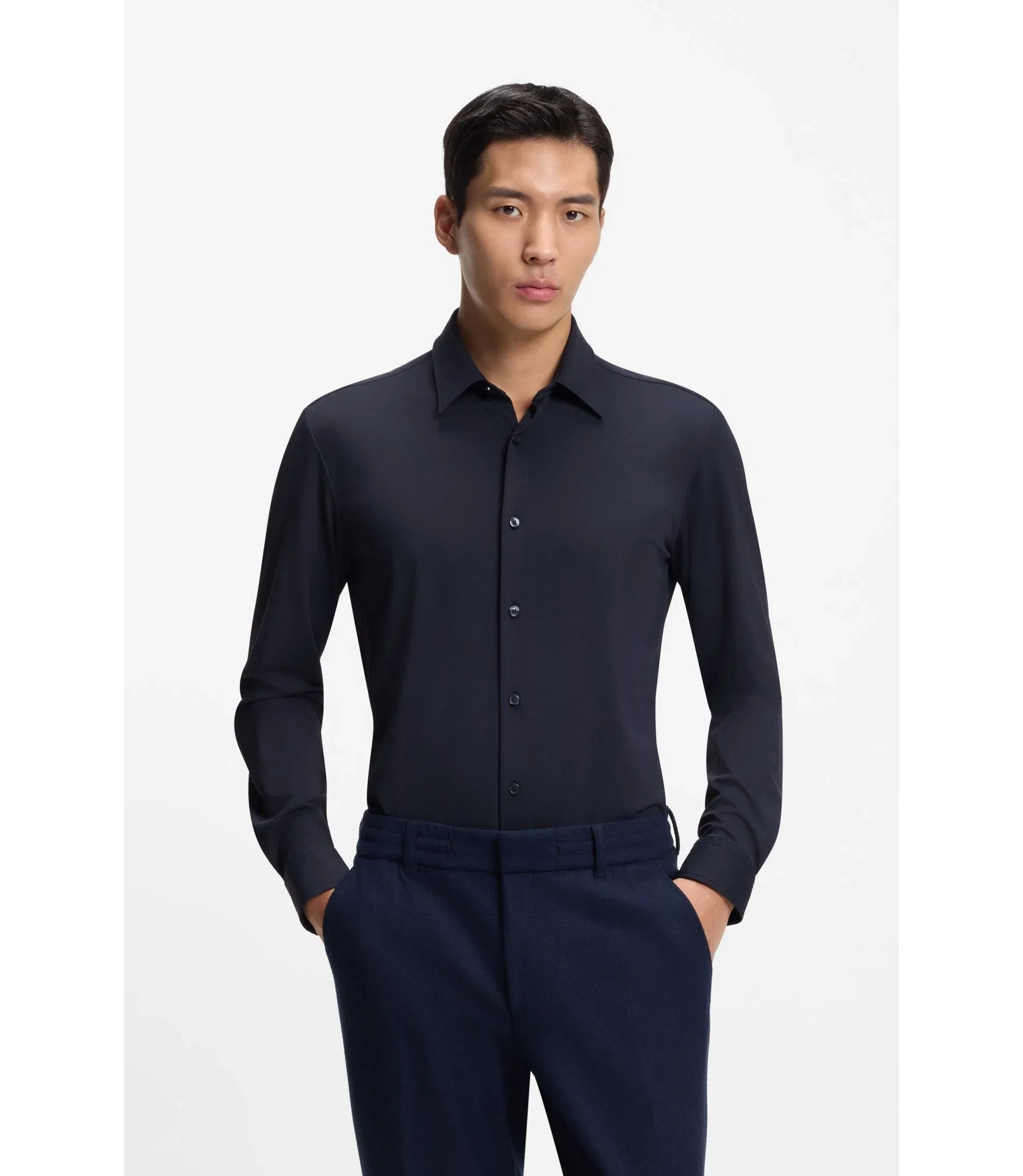 Boss Performance Stretch Slim Fit Shirt In Structured Jersey Dark Blue