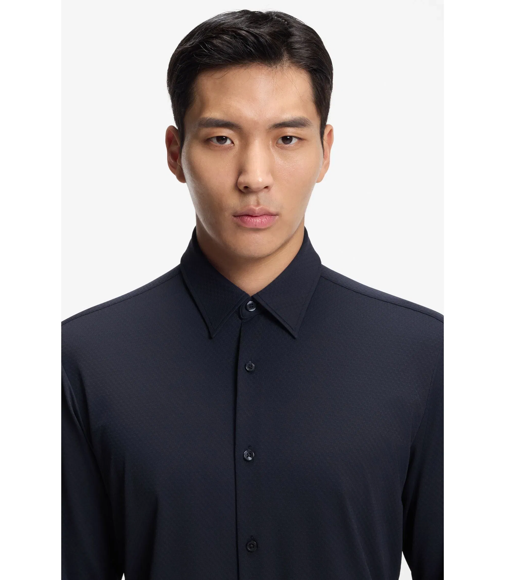 Boss Performance Stretch Slim Fit Shirt In Structured Jersey Dark Blue