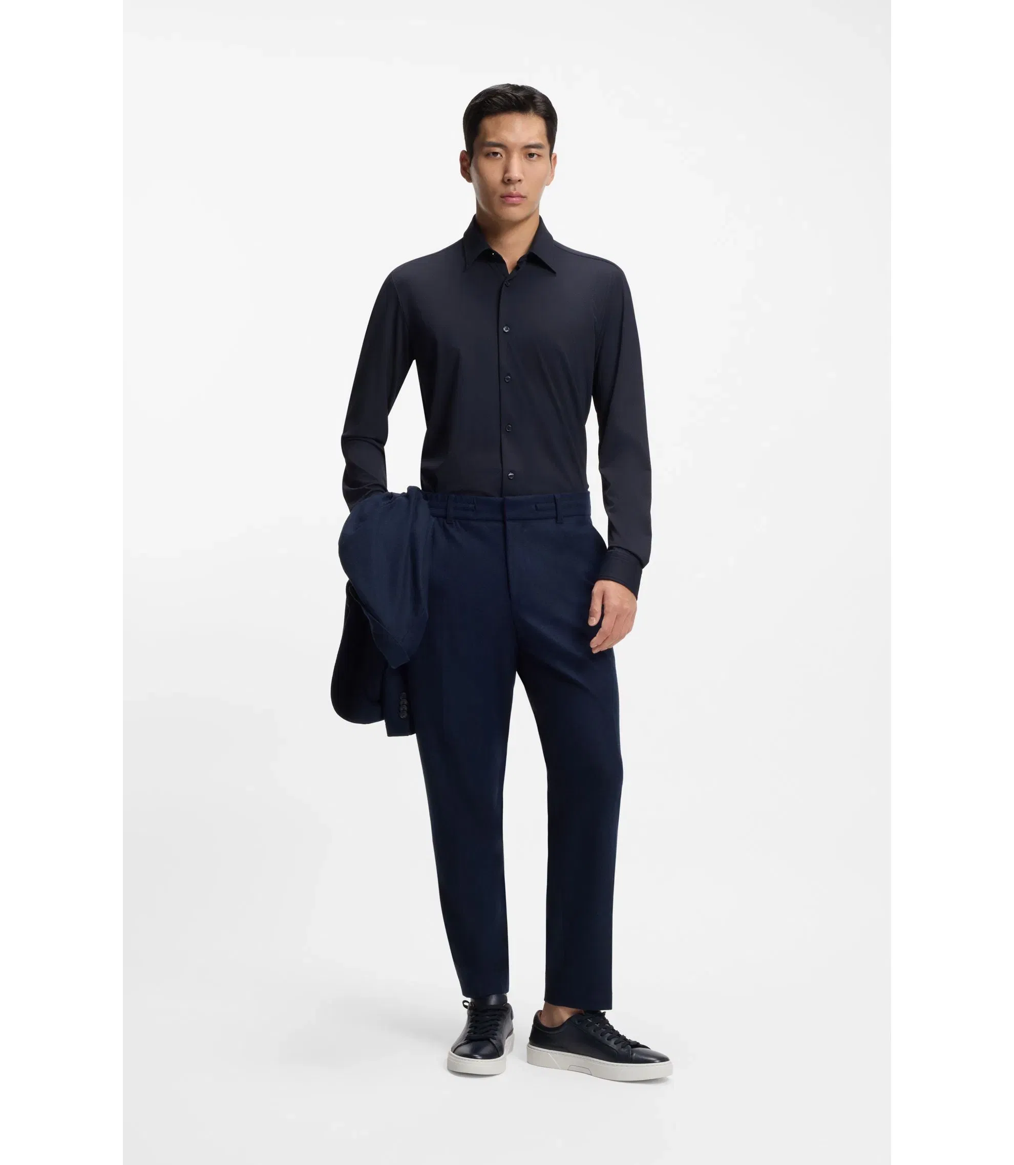 Boss Performance Stretch Slim Fit Shirt In Structured Jersey Dark Blue