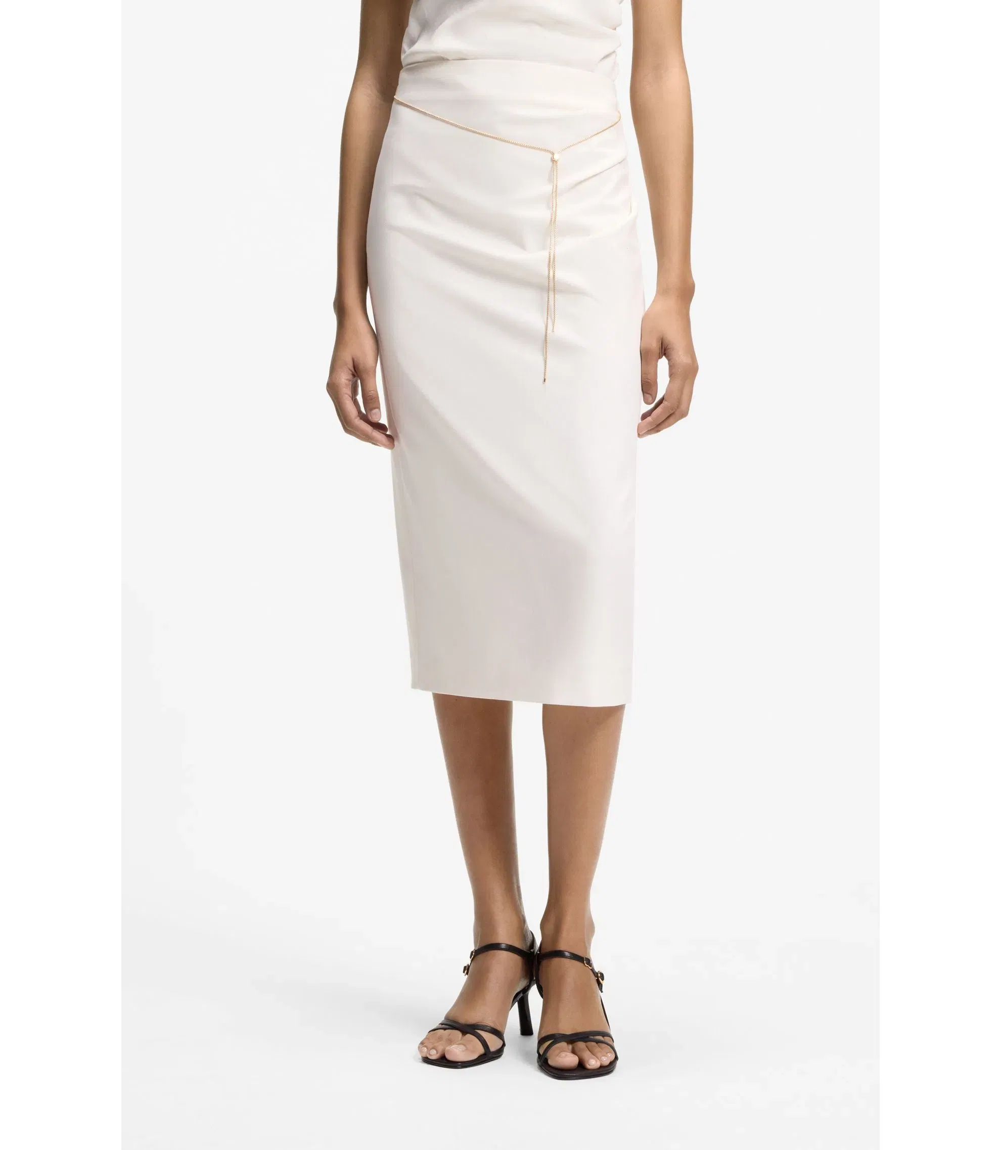 Hugo Pencil Skirt With Gold Tone Chain Belt White Women's