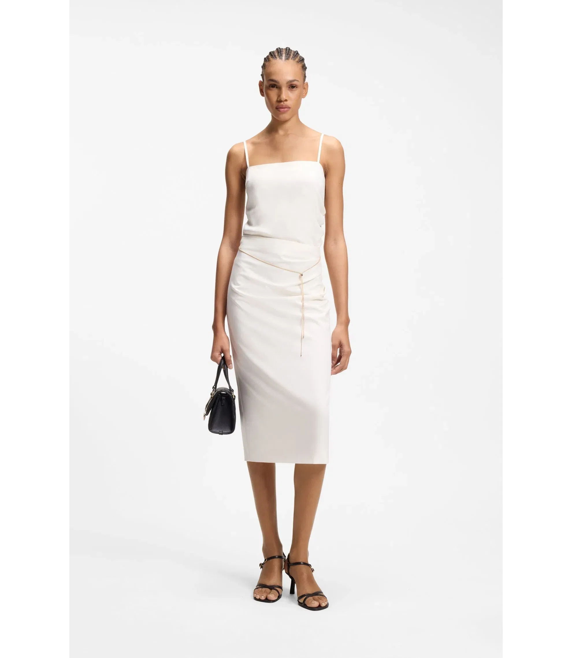 Hugo Pencil Skirt With Gold Tone Chain Belt White Women's
