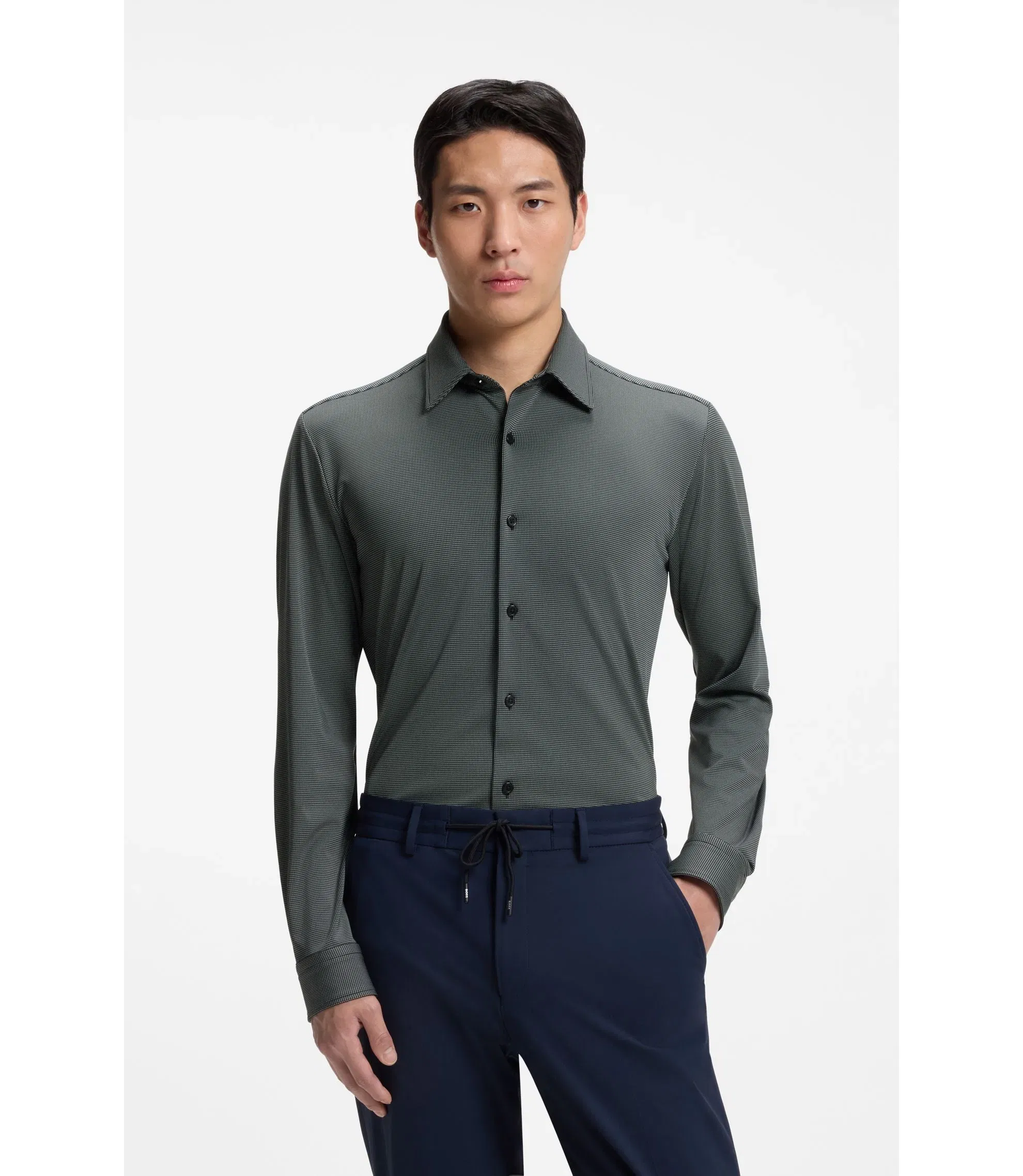 Boss Patterned Slim Fit Shirt In Performance Stretch Jersey Black