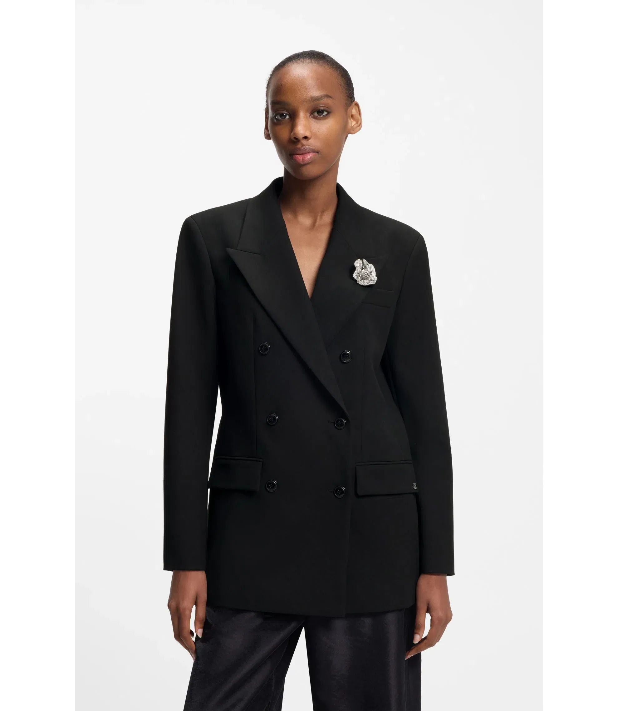 Hugo Oversized Fit Blazer With Rhinestone Lapel Brooch Black Women's