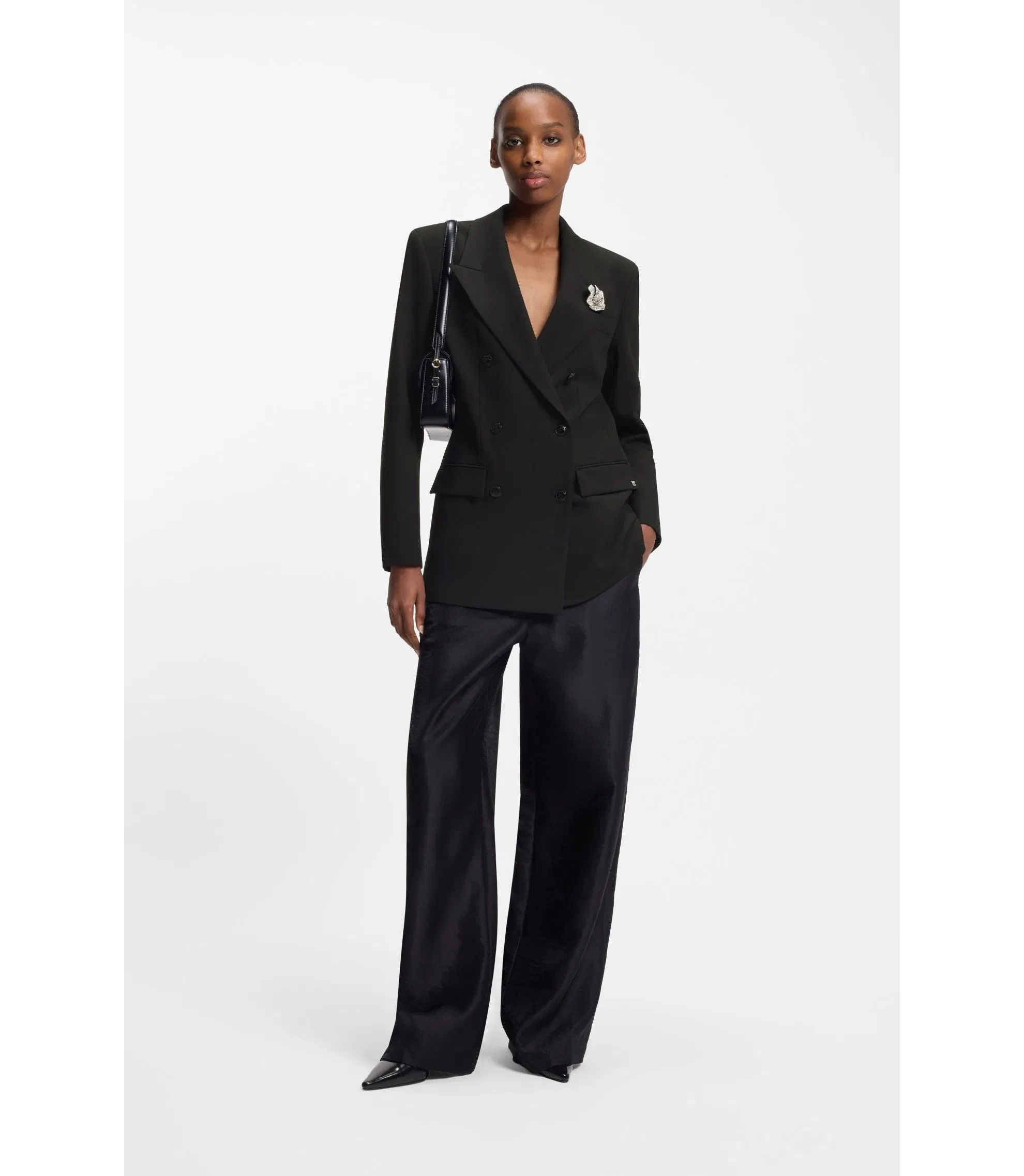 Hugo Oversized Fit Blazer With Rhinestone Lapel Brooch Black Women's