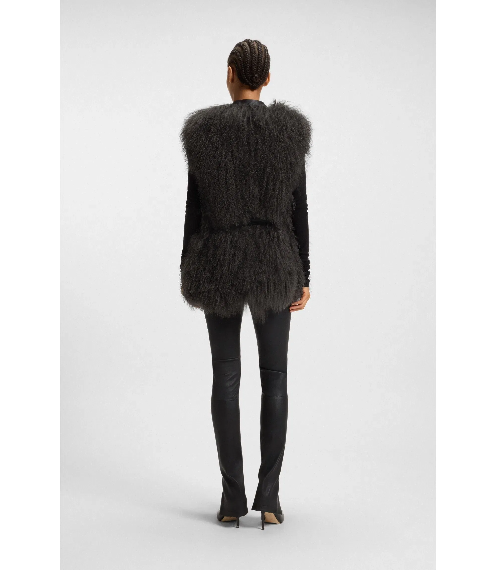 Boss Mongolian Shearling Gilet With Detachable Leather Belt Dark Grey Women's