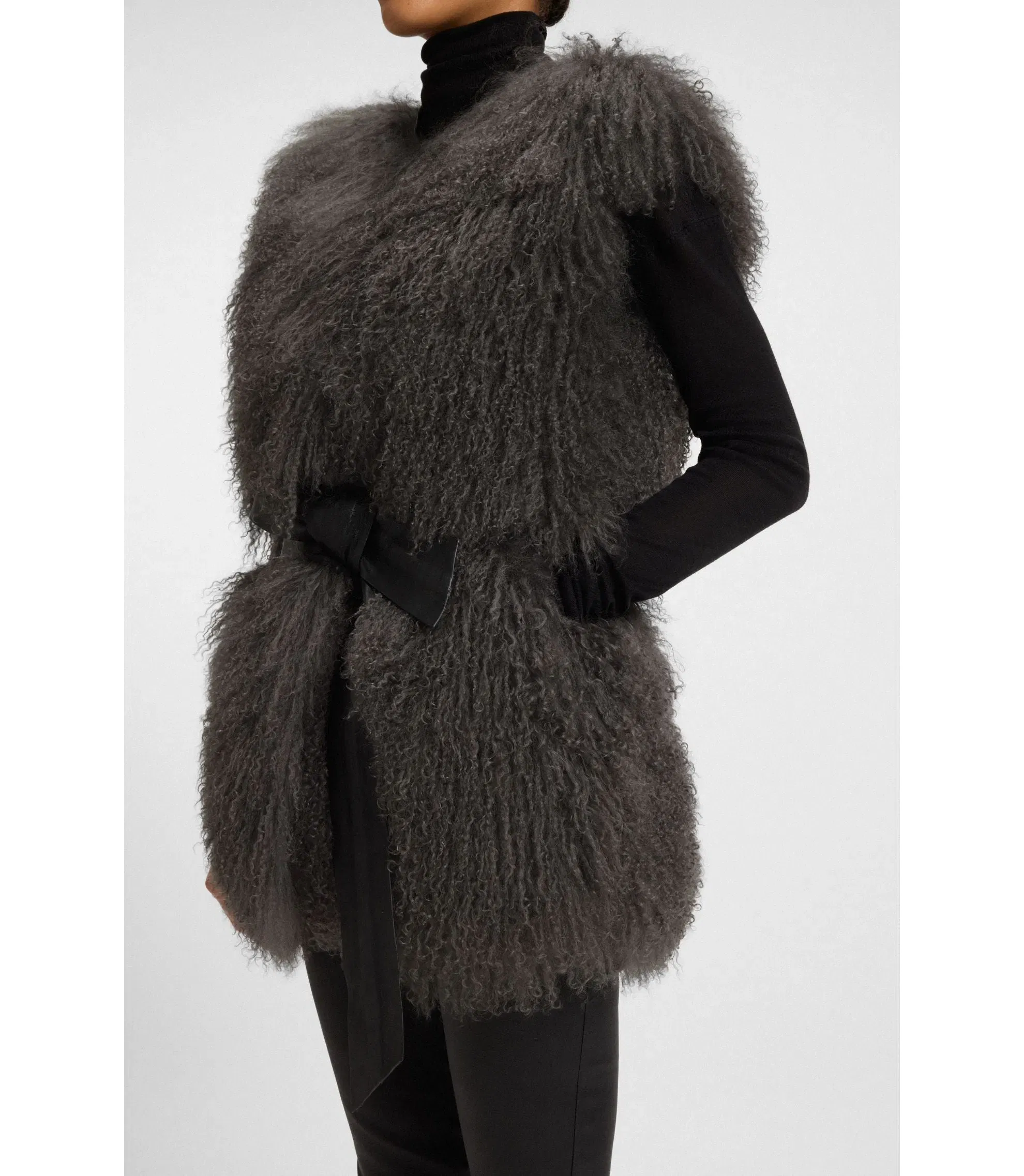 Boss Mongolian Shearling Gilet With Detachable Leather Belt Dark Grey Women's
