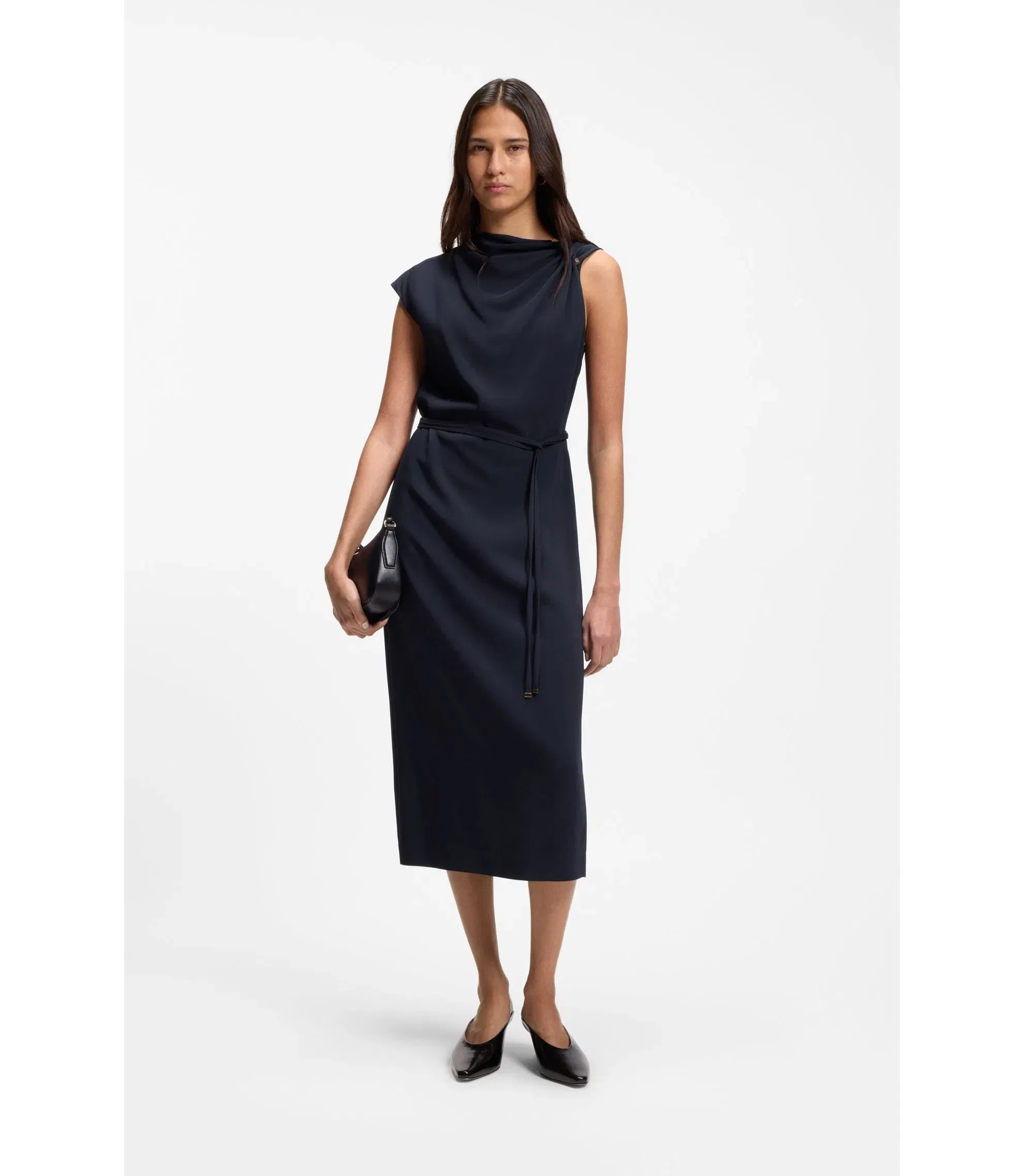 Boss Midi Length Dress With Gathered Shoulder Detail Dark Blue Women's