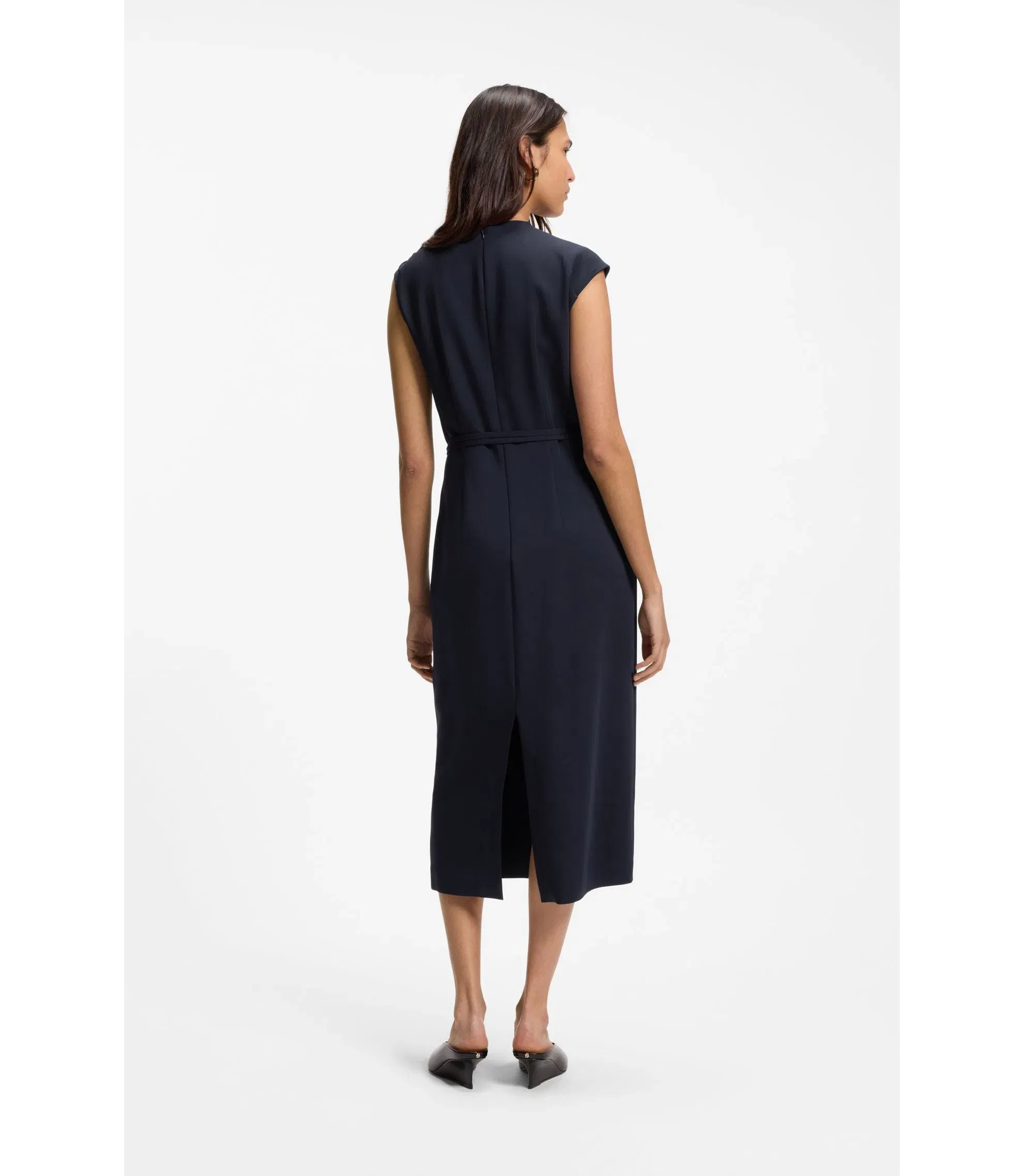 Boss Midi Length Dress With Gathered Shoulder Detail Dark Blue Women's