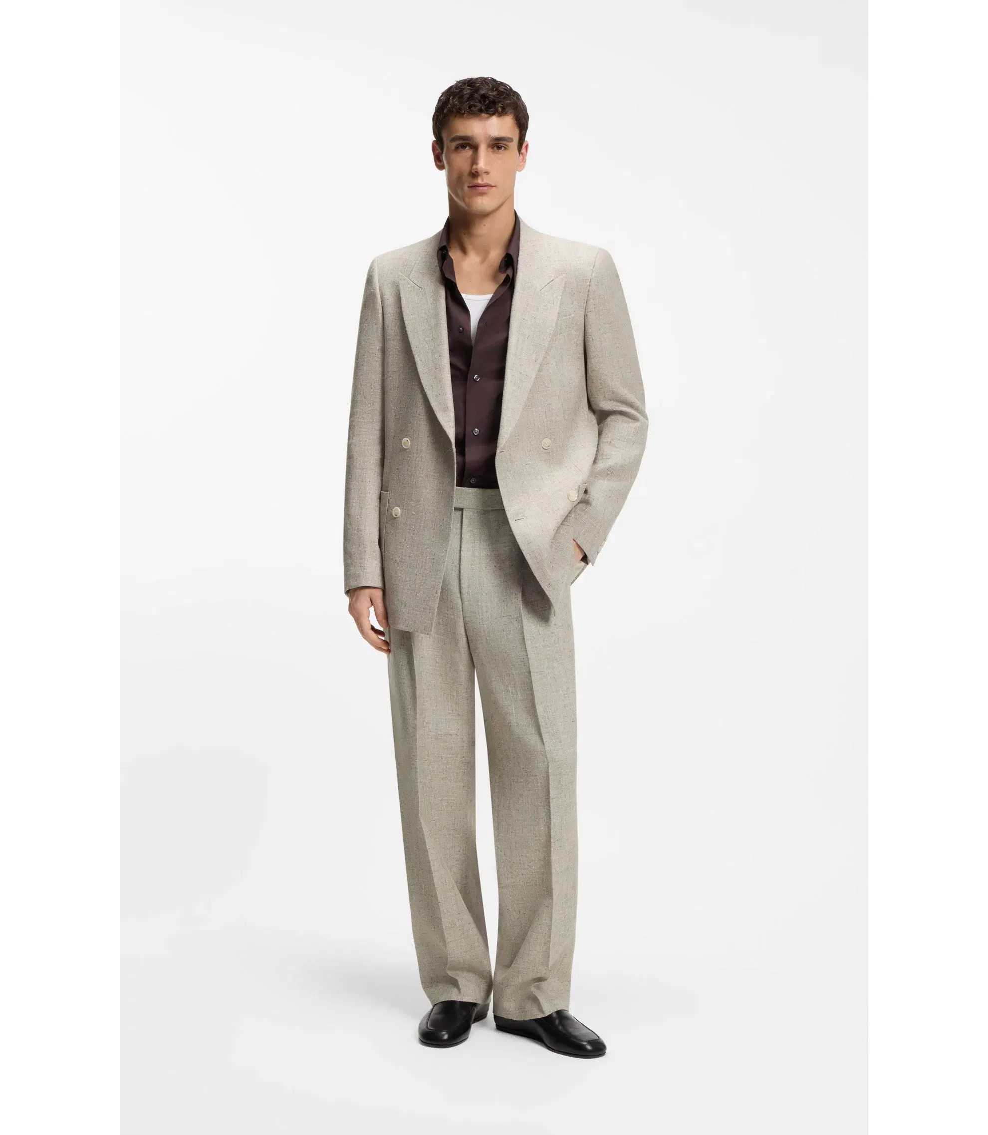 Boss Micro Patterned Trousers In An Oversized Fit Light Beige