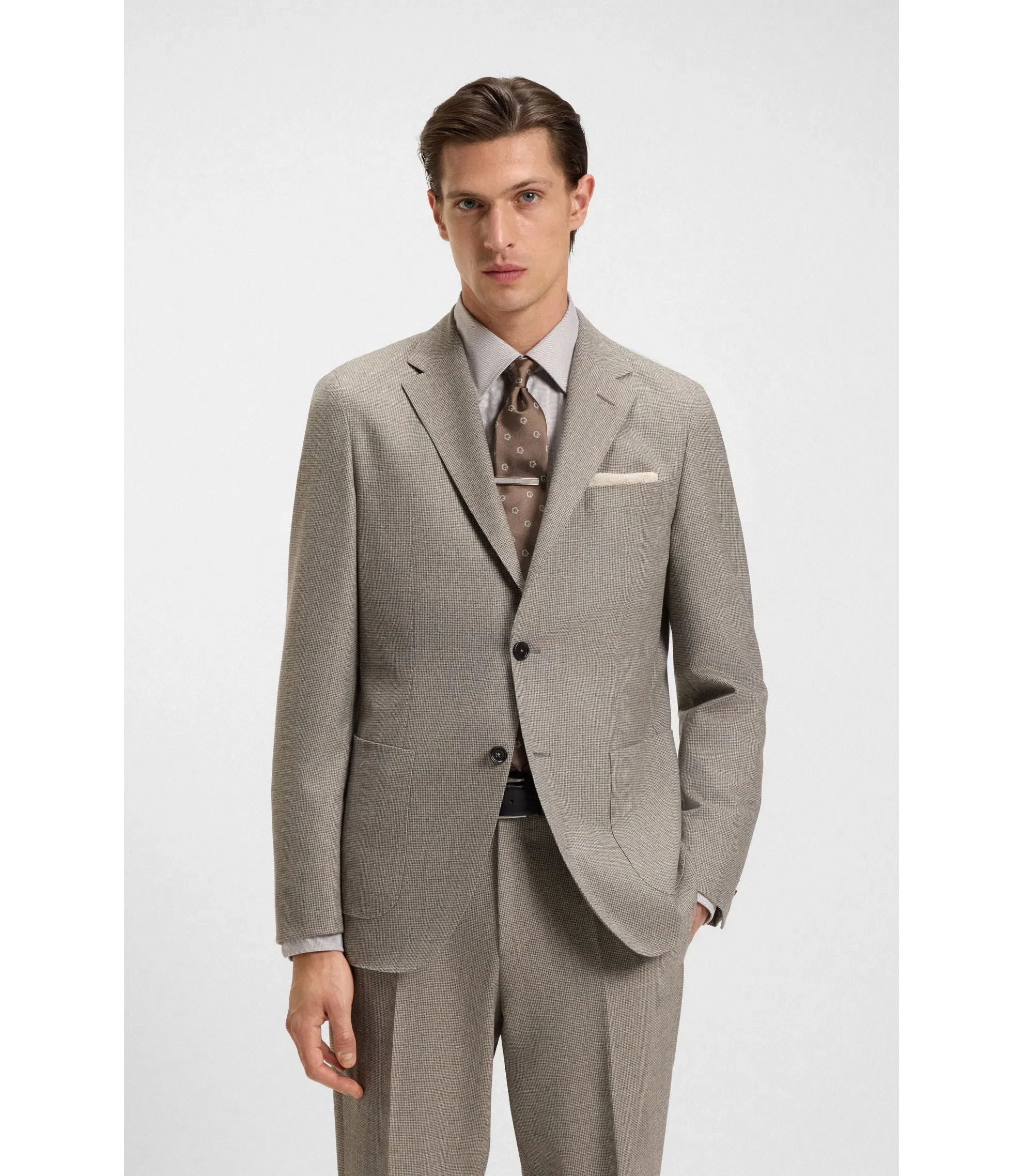 Boss Micro Patterned Slim Fit Jacket In Virgin Wool Light Beige