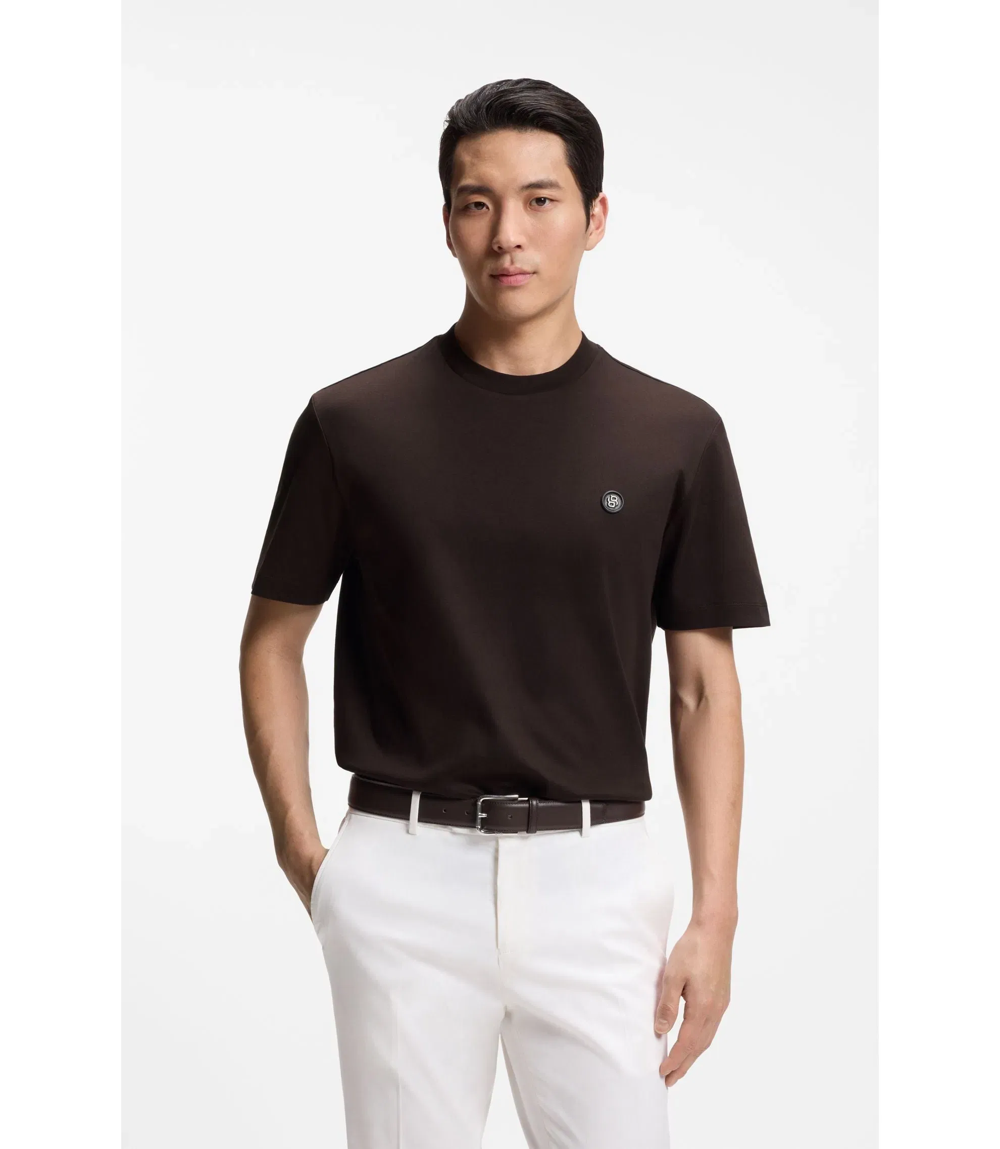 Boss Mercerized Cotton T-Shirt With Double B Monogram Dark Brown