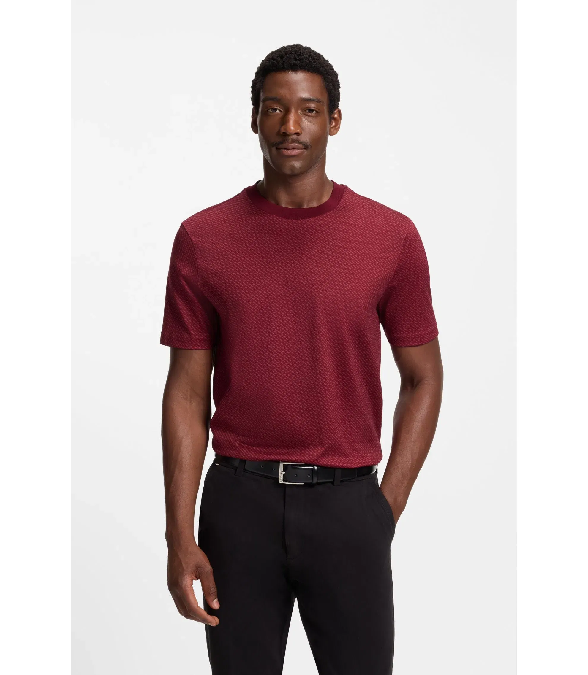 Boss Mercerised Cotton T-Shirt With Two Tone Monograms Dark Red