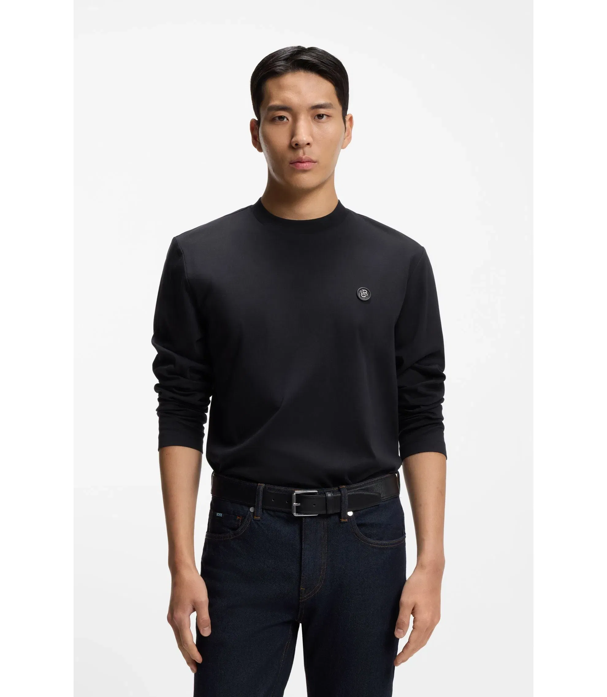 Boss Mercerised Cotton T-Shirt With Double B Monogram Dark Blue