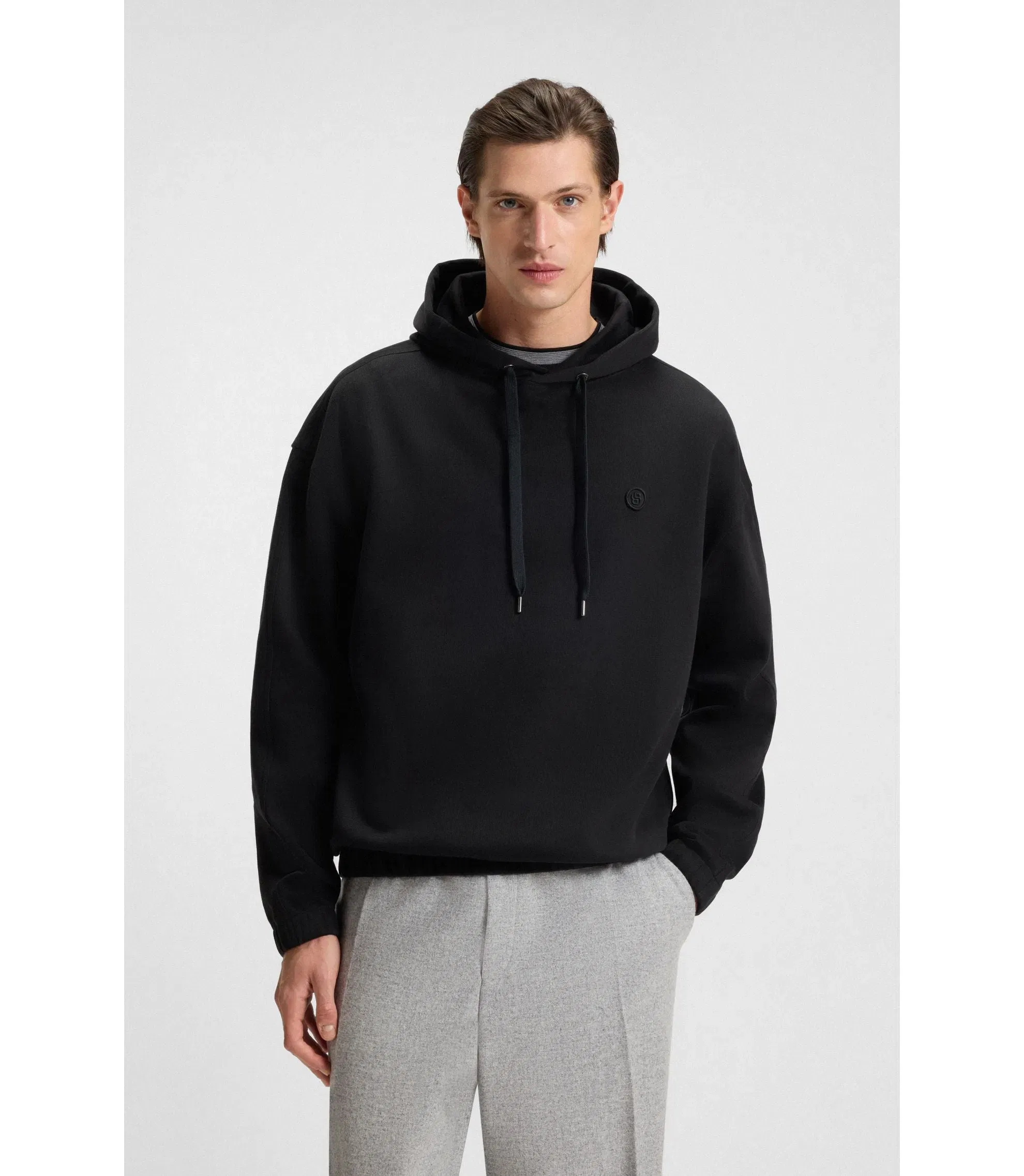 Boss Mercerised Cotton Hoodie In A Relaxed Fit Black