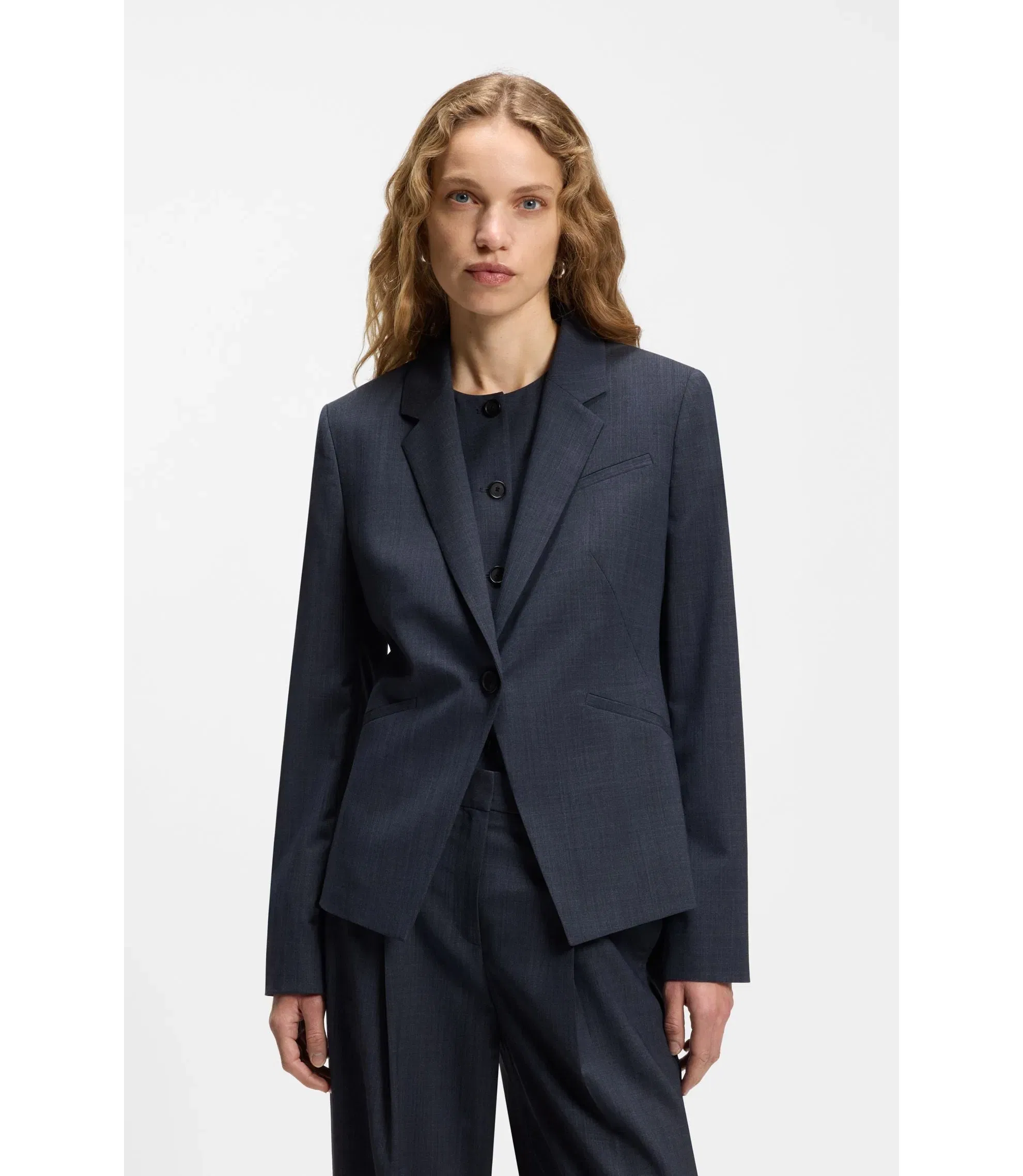 Boss Melange Slim Fit Blazer In Virgin Wool Dark Blue Women's