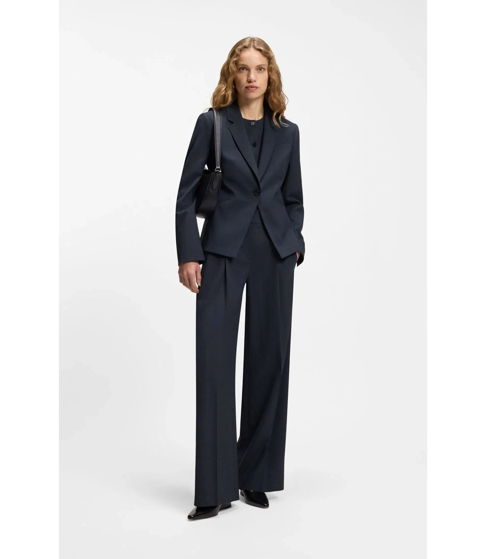 Boss Melange Slim Fit Blazer In Virgin Wool Dark Blue Women's
