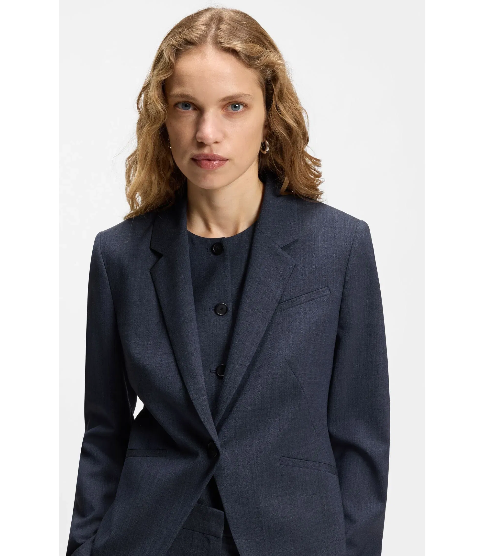 Boss Melange Slim Fit Blazer In Virgin Wool Dark Blue Women's