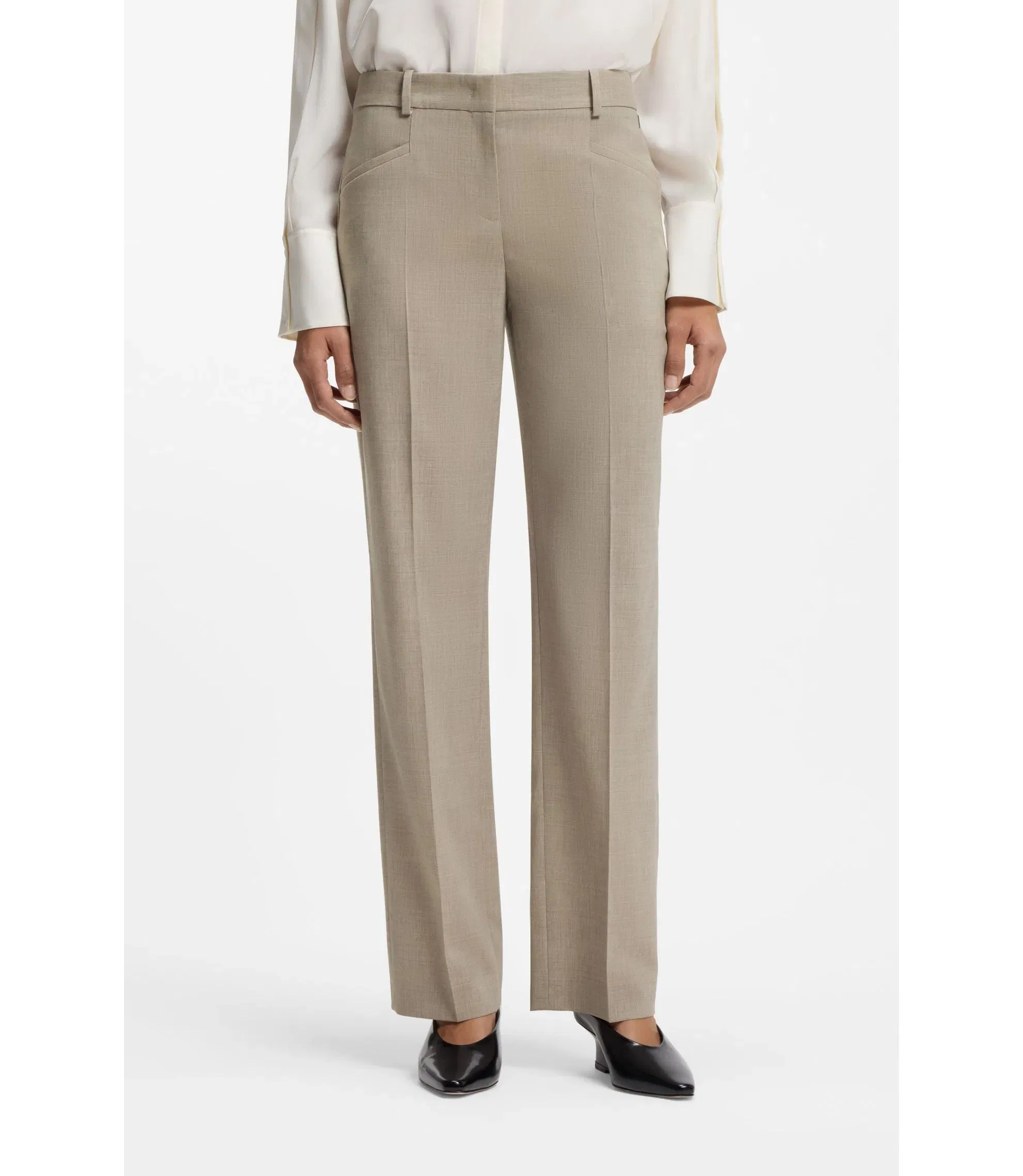 Boss Melange Relaxed Fit Trousers In Virgin Wool Light Beige Women's