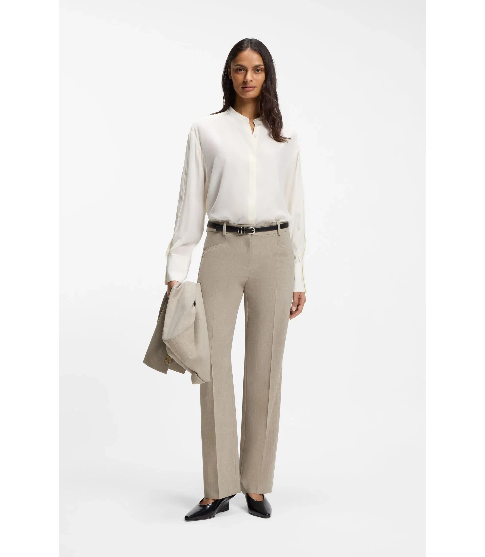 Boss Melange Relaxed Fit Trousers In Virgin Wool Light Beige Women's