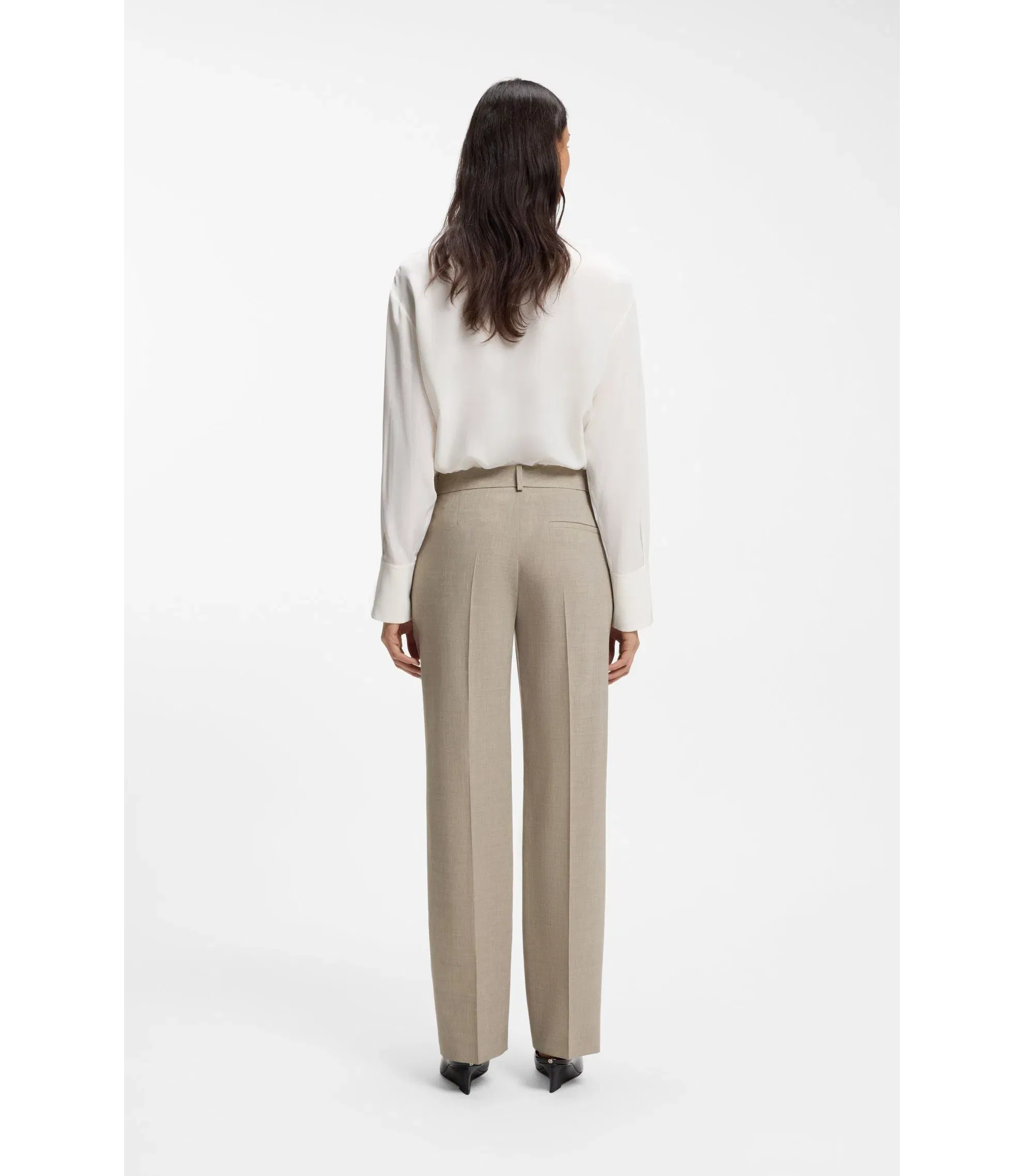 Boss Melange Relaxed Fit Trousers In Virgin Wool Light Beige Women's