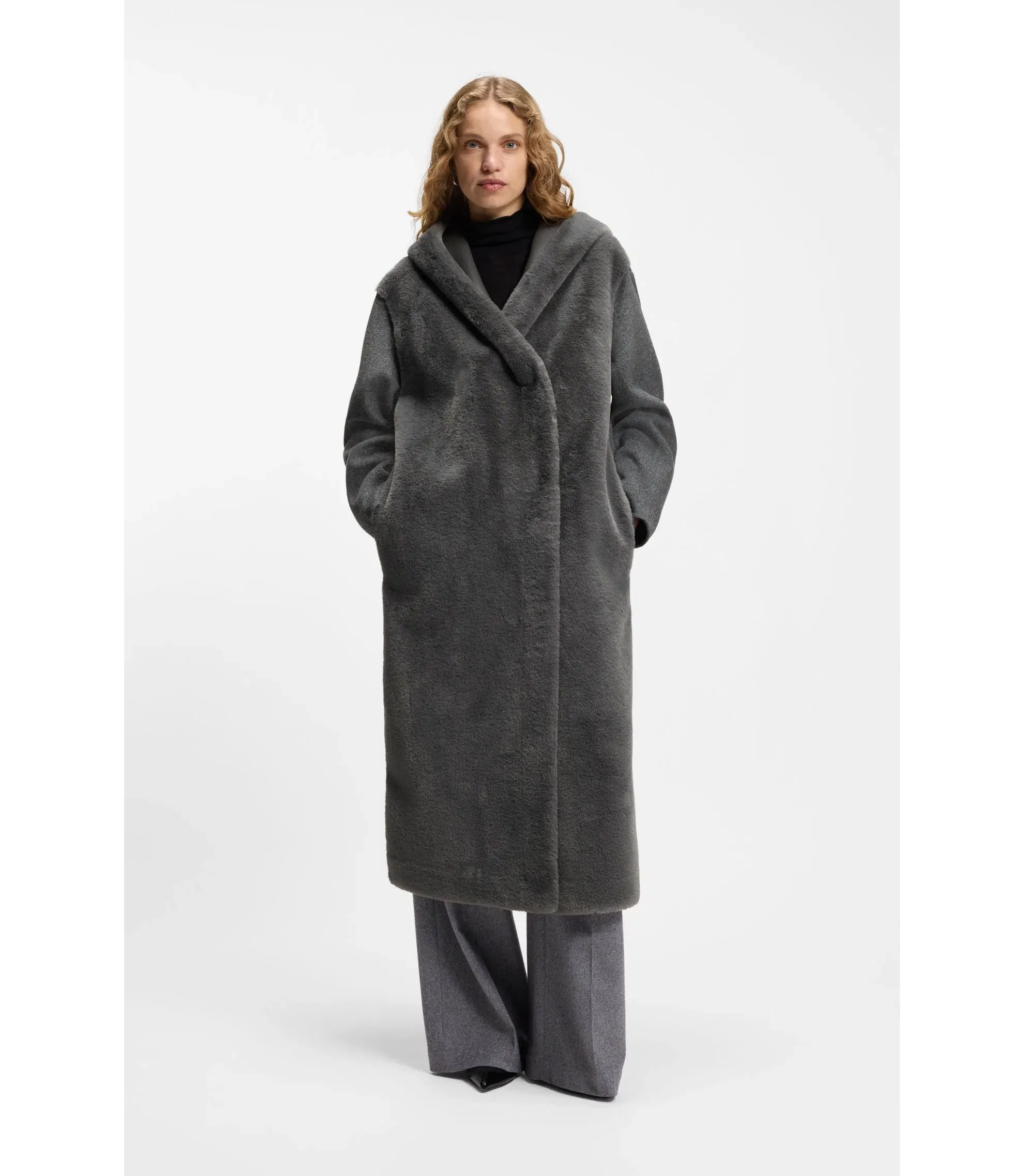 Boss Melange Coat In A Wool Blend Dark Grey Women's