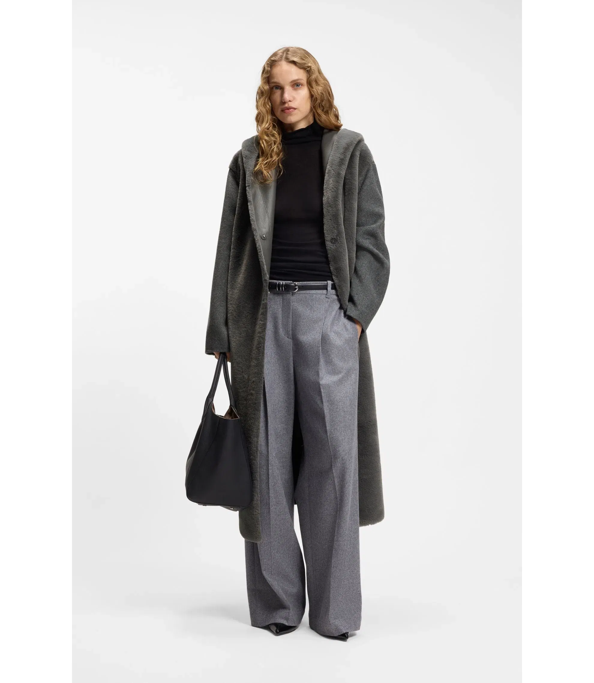 Boss Melange Coat In A Wool Blend Dark Grey Women's