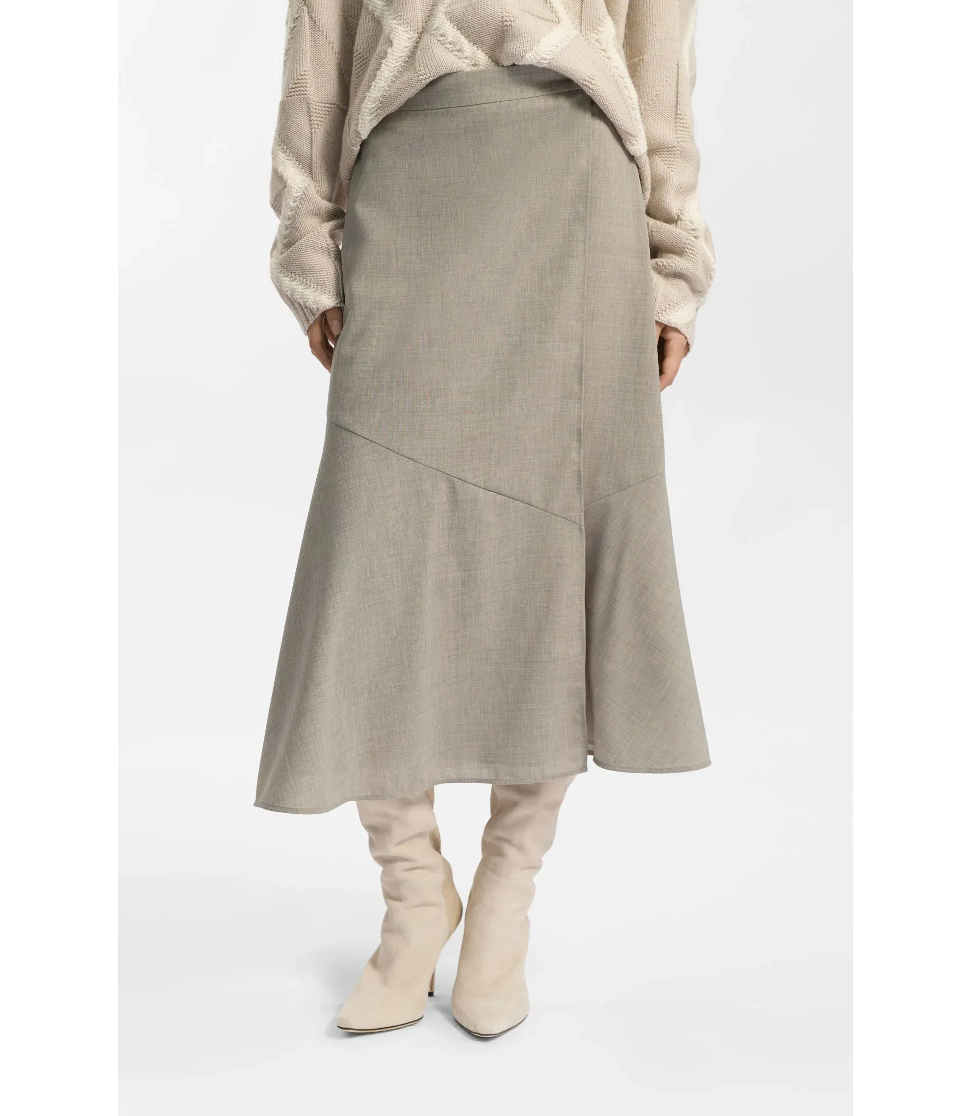 Boss Melange A Line Skirt In Virgin Wool Light Beige Women's