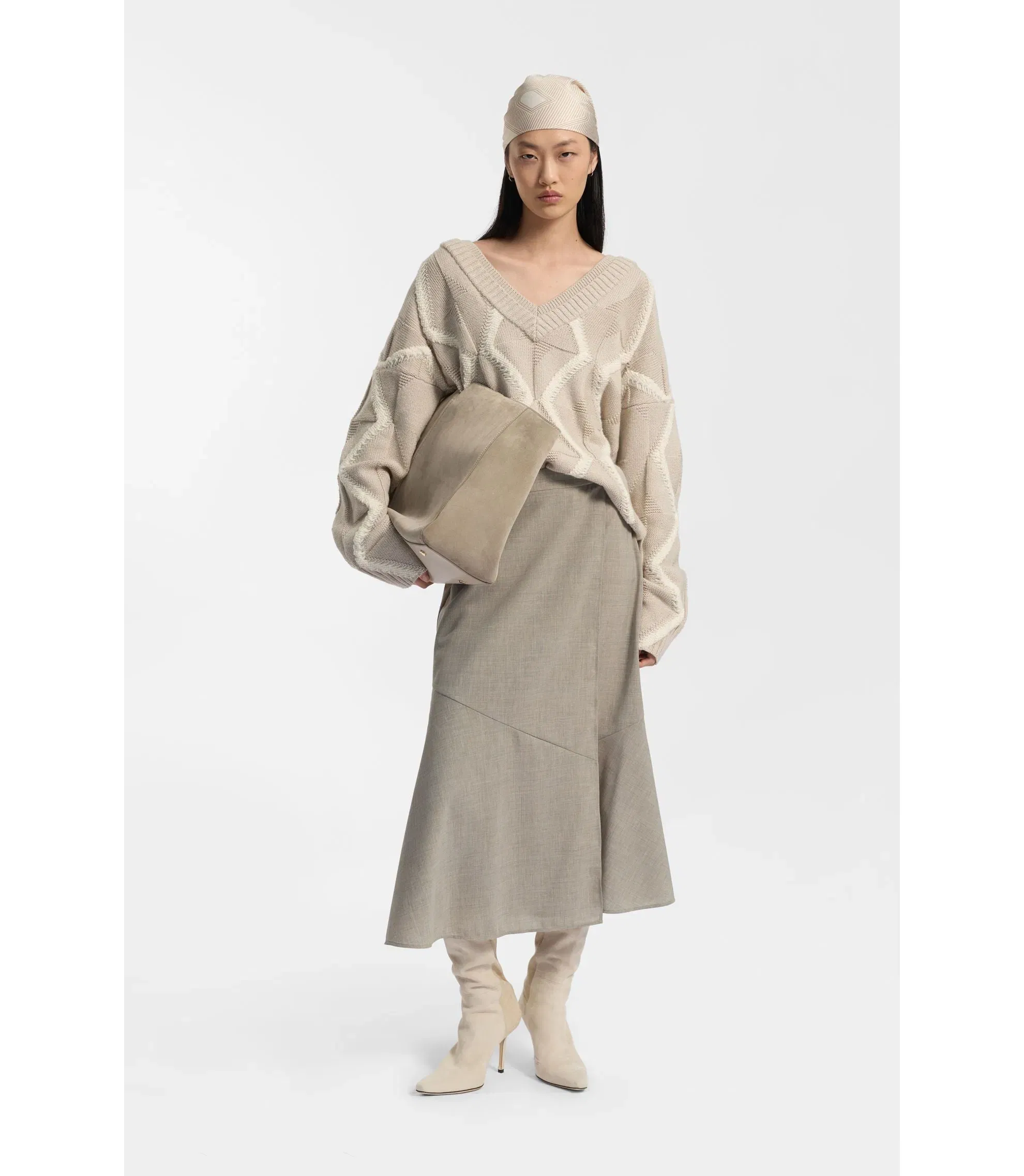 Boss Melange A Line Skirt In Virgin Wool Light Beige Women's