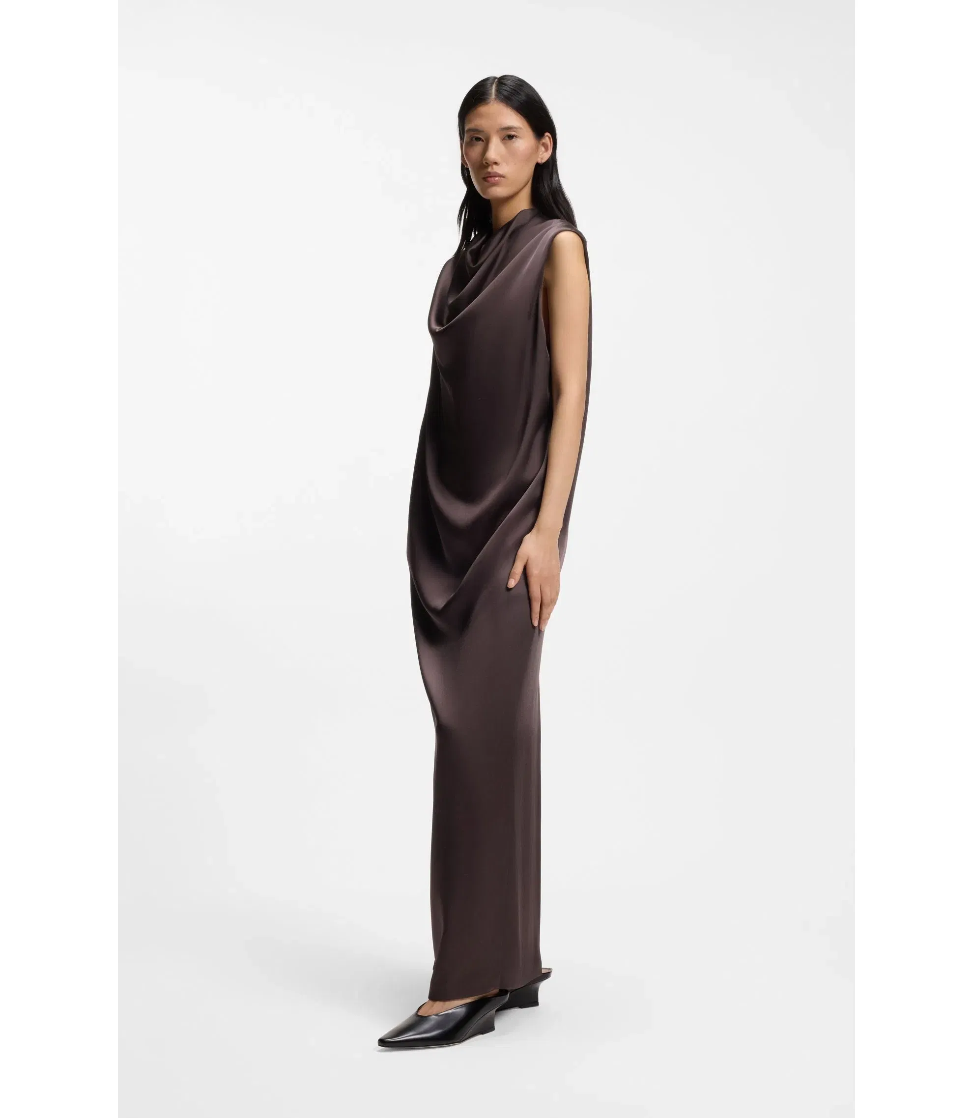 Boss Maxi Dress In High Shine Sable Dark Brown Women's
