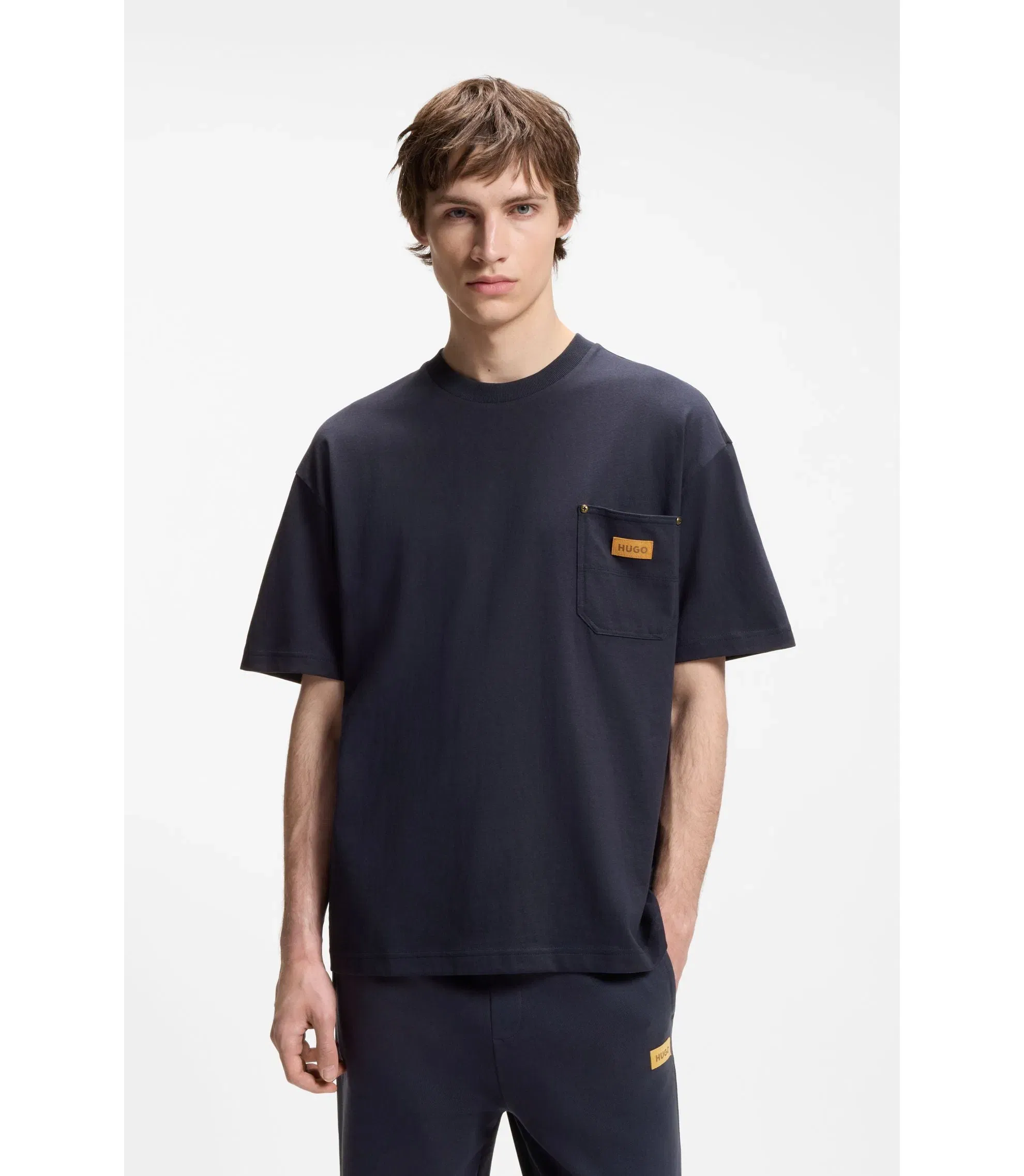 Hugo Loose Fit T-Shirt In Cotton With Suede Logo Badge Dark Blue