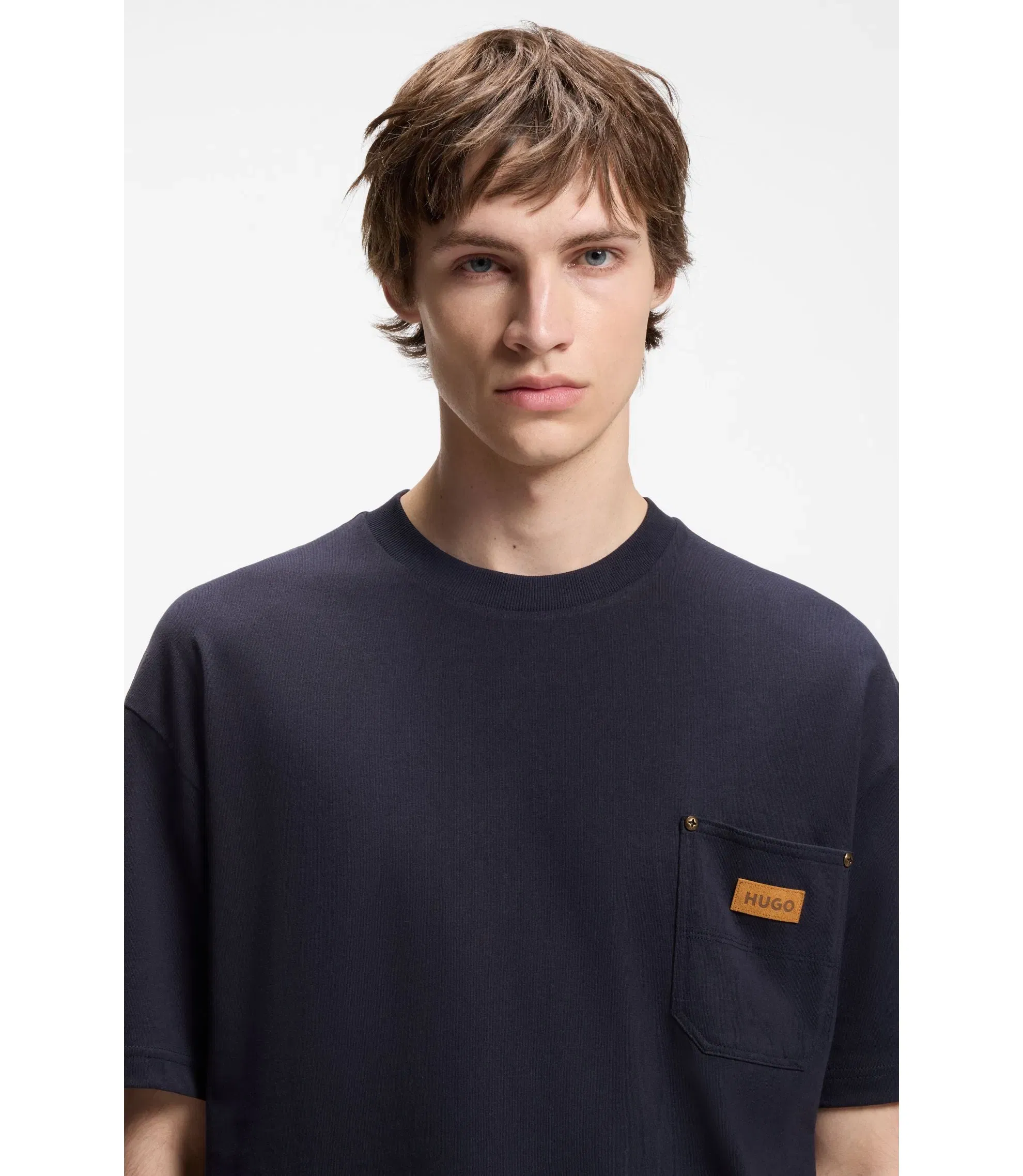 Hugo Loose Fit T-Shirt In Cotton With Suede Logo Badge Dark Blue