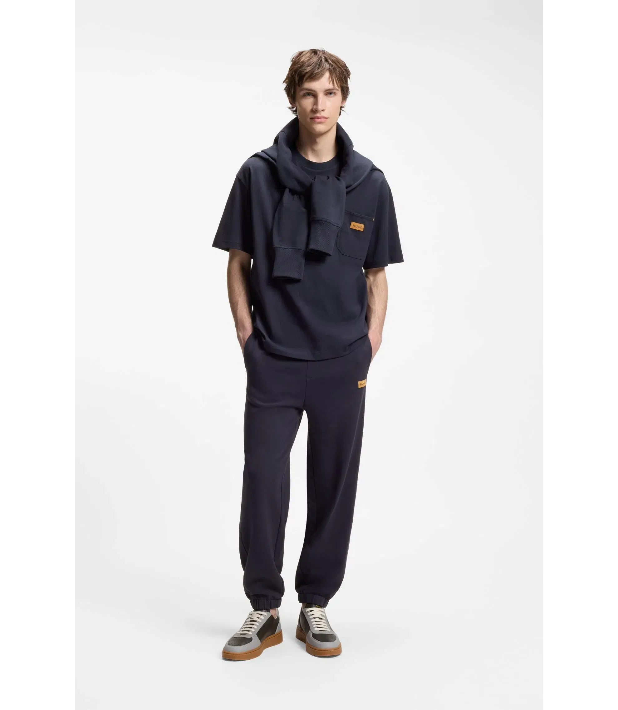 Hugo Loose Fit T-Shirt In Cotton With Suede Logo Badge Dark Blue