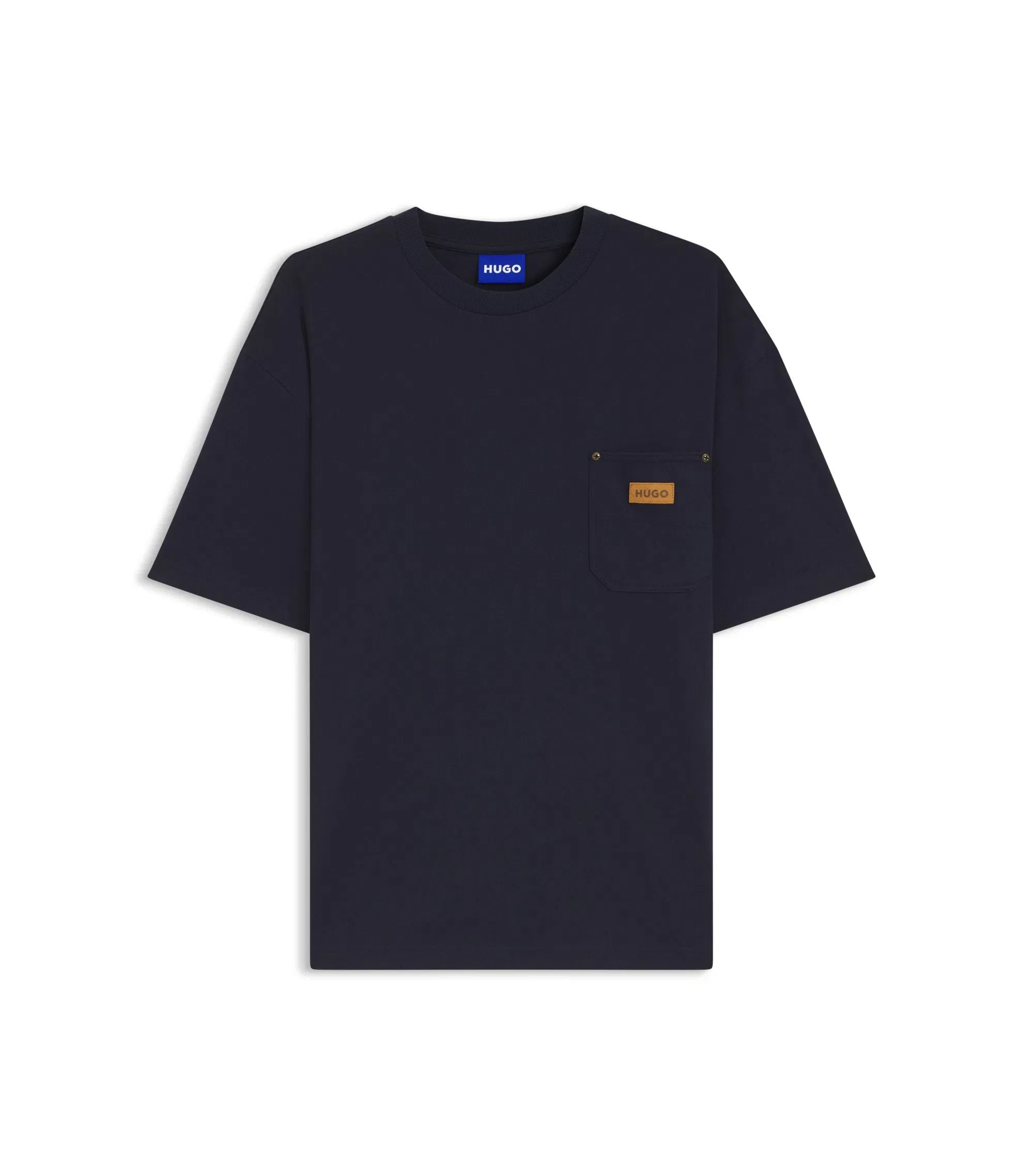 Hugo Loose Fit T-Shirt In Cotton With Suede Logo Badge Dark Blue