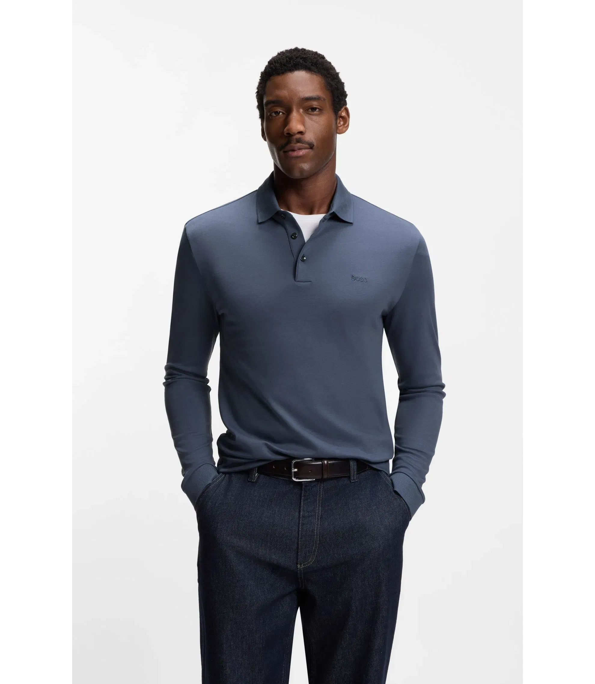 Boss Long Sleeved Polo Shirt In Interlock Cotton With Logo Light Blue