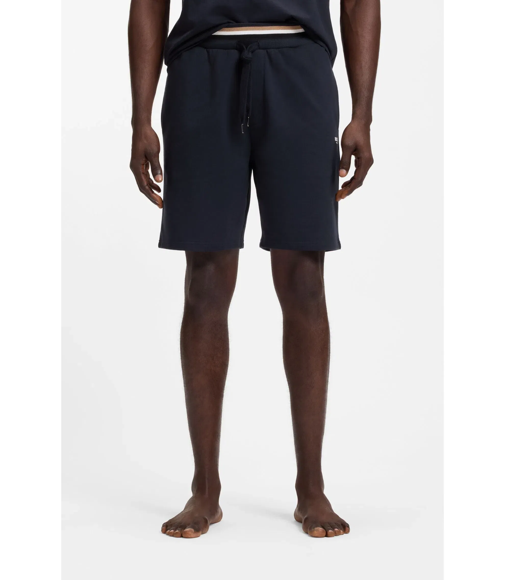 Boss Logo Print Shorts In Cotton Terry Dark Blue