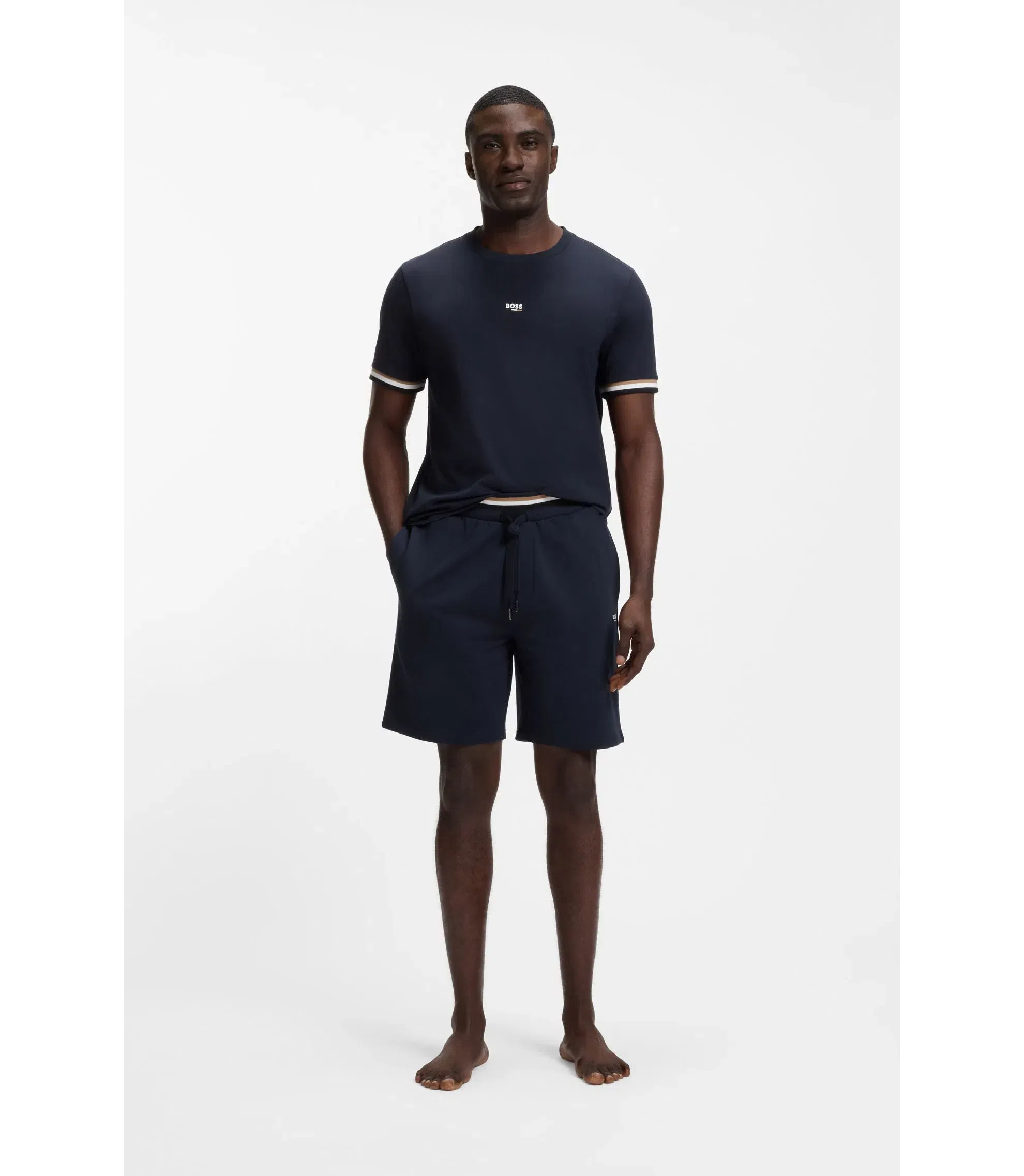 Boss Logo Print Shorts In Cotton Terry Dark Blue