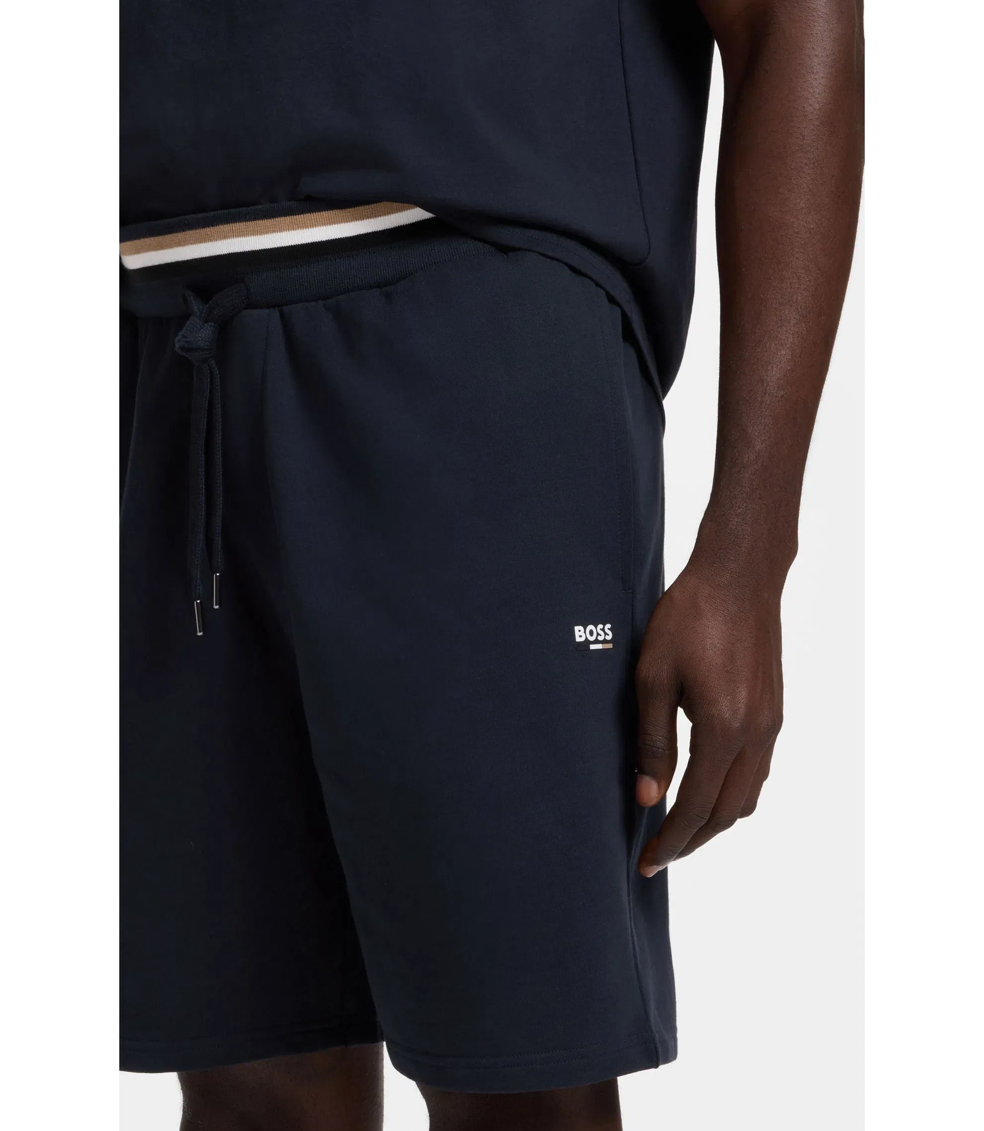 Boss Logo Print Shorts In Cotton Terry Dark Blue