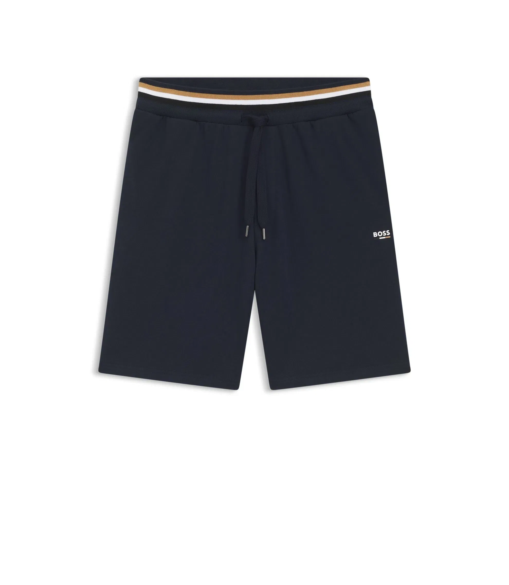 Boss Logo Print Shorts In Cotton Terry Dark Blue