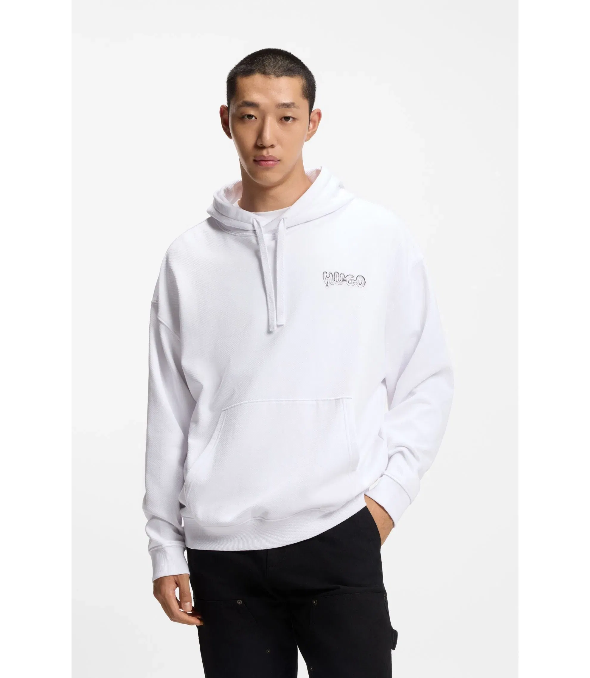 Hugo Logo Print Hoodie In Cotton Terry White