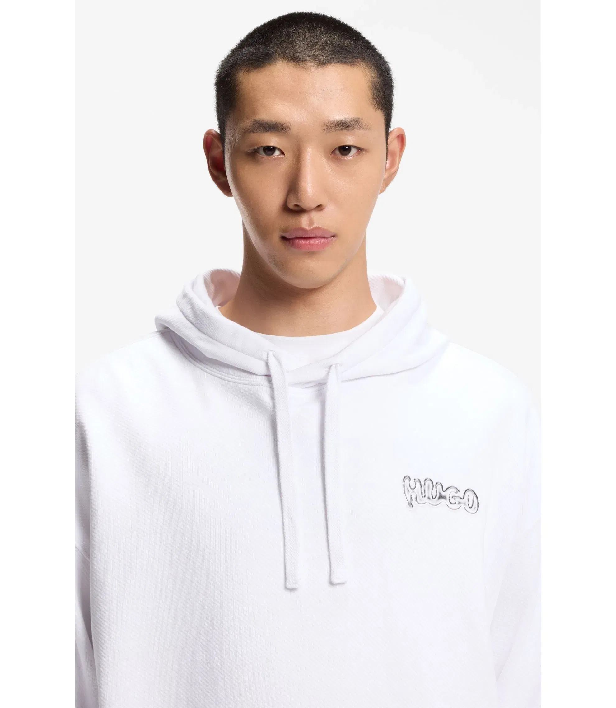 Hugo Logo Print Hoodie In Cotton Terry White