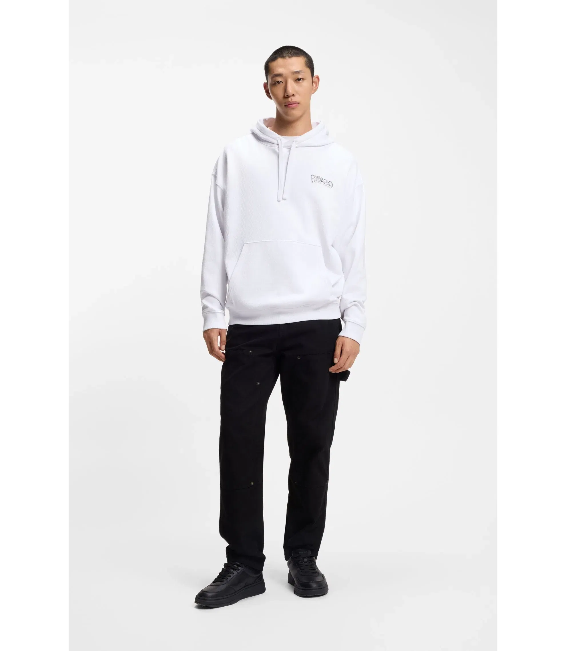 Hugo Logo Print Hoodie In Cotton Terry White